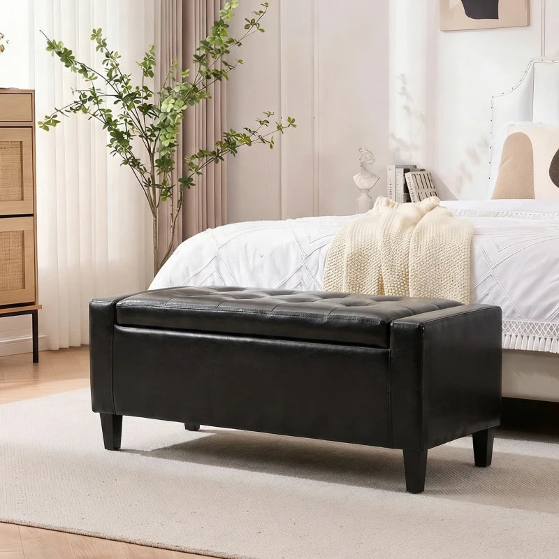 Storage Ottoman Bench, PU Leather Upholstered Bench with Tufted Design, Black