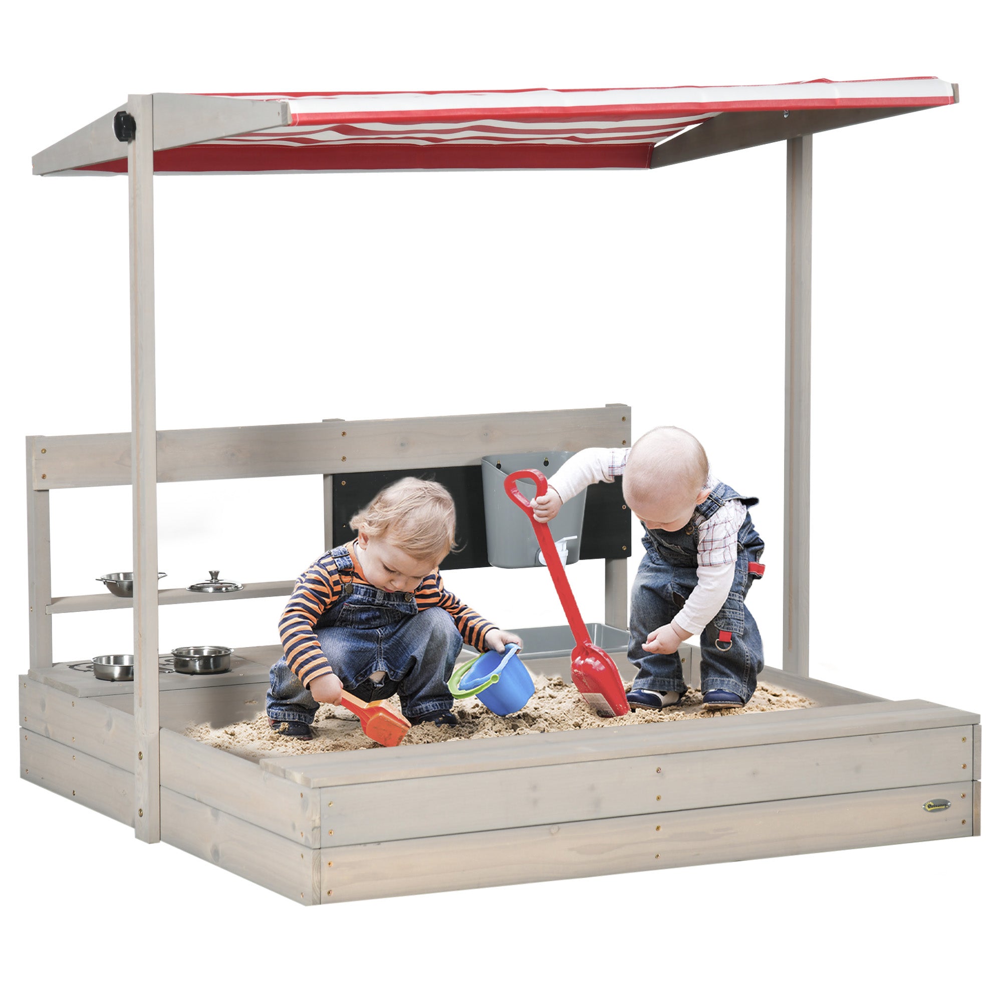 Outsunny Kids Sandbox with Canopy Wooden Sandpit Adjustable Cover Kitchen Toys Seats Storage for Ages 3-7 45x43 inch 