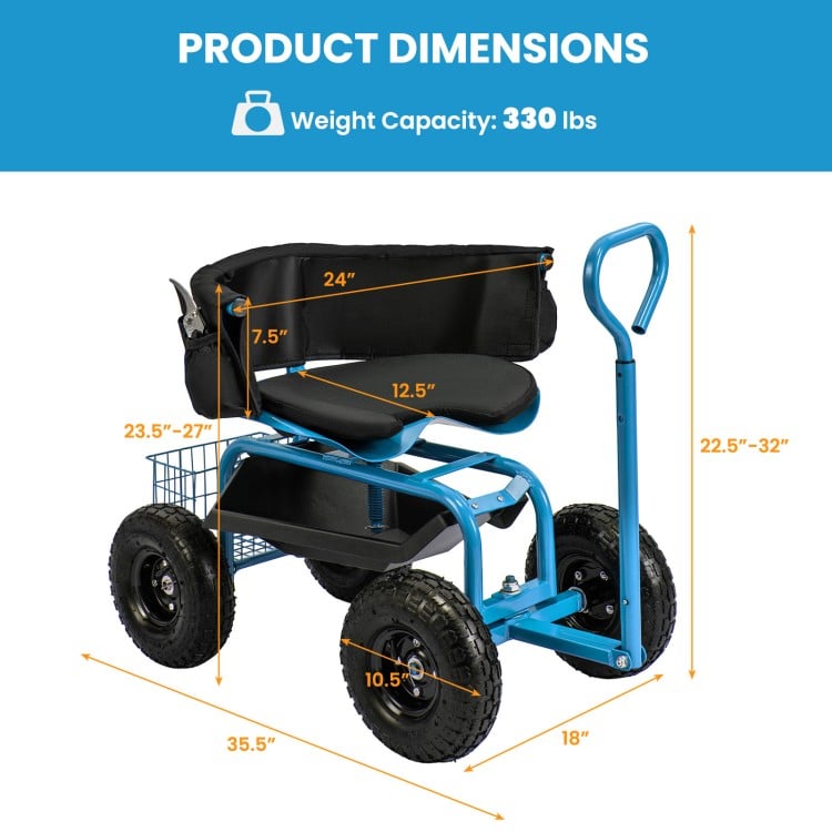 Cushioned Rolling Garden Cart Scooter with Storage Basket and Tool Pouch-Blue