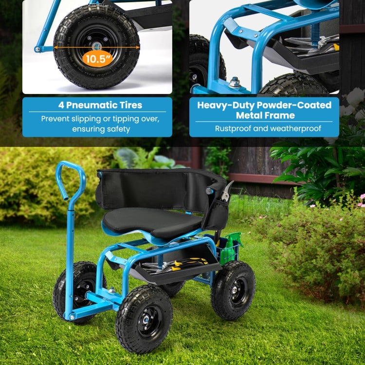 Cushioned Rolling Garden Cart Scooter with Storage Basket and Tool Pouch-Blue