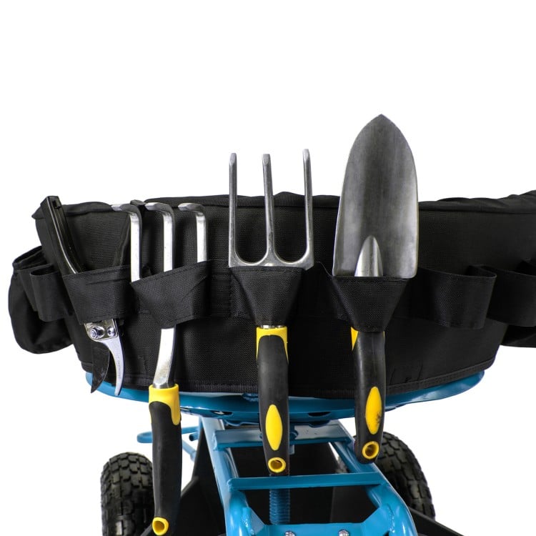 Cushioned Rolling Garden Cart Scooter with Storage Basket and Tool Pouch-Blue