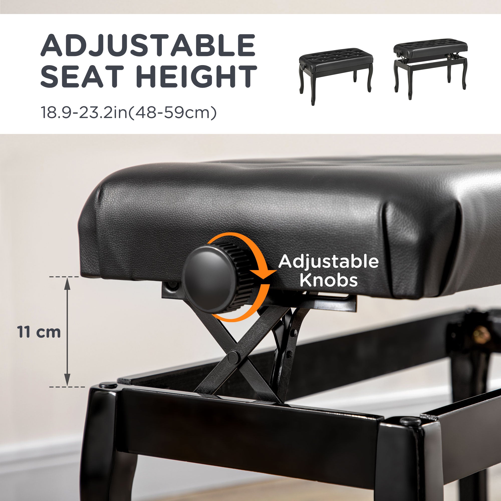 HOMCOM Deluxe Adjustable Piano Bench Stool Button Tufted PU Leather Padded Seat High Gloss Rubberwood Legs Black 