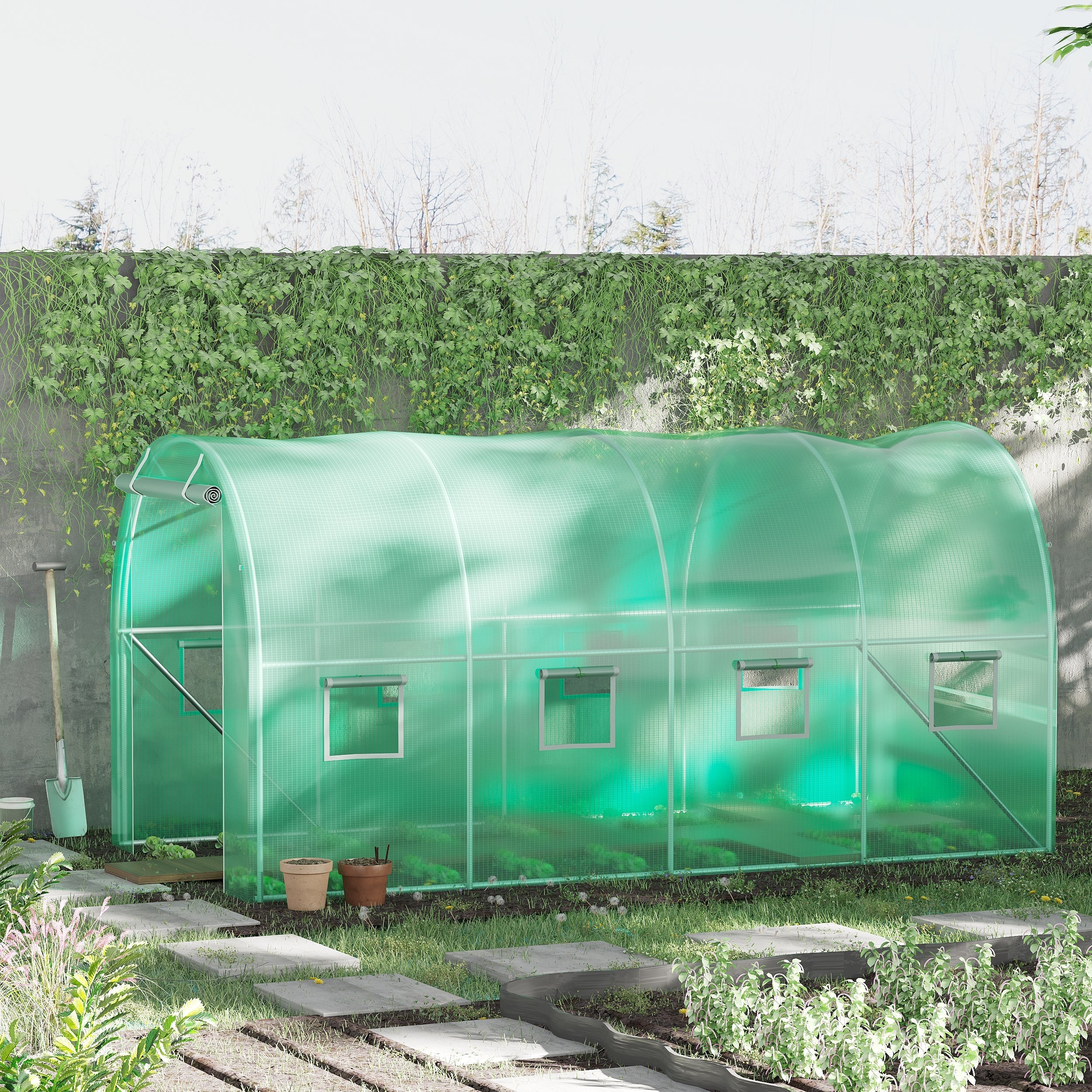 Outsunny Walk-in Tunnel Greenhouse, 13 x 6.4 x 6.5 ft Hoop House with Zipped Roll-Up Door and 8 Mesh Windows, Outdoor Greenhouse with Galvanised Steel Frame, Green 