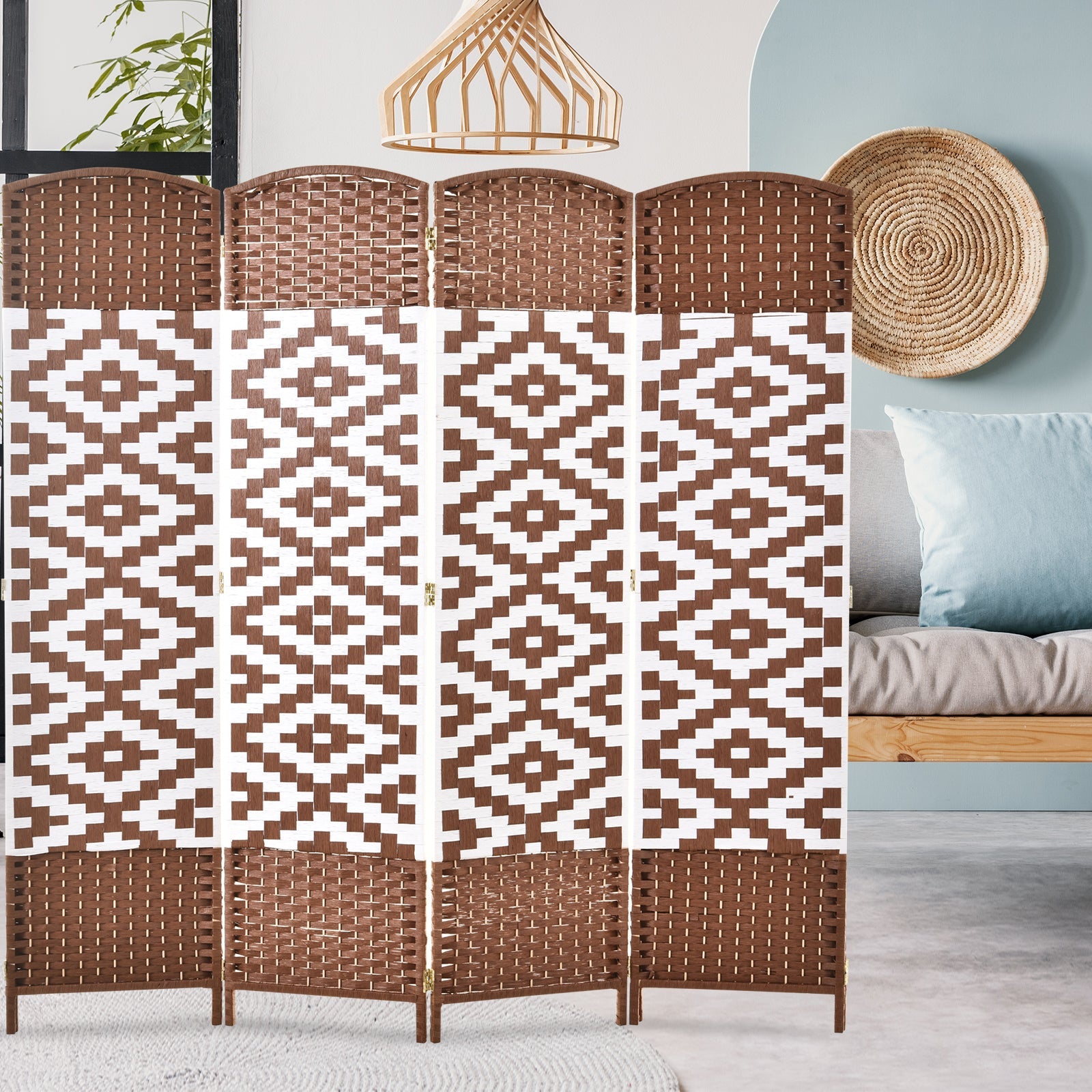 HOMCOM Geometric Allure Room Divider: 4-Panel Diamond Weave Folding Indoor Privacy Screen, Accent Style 