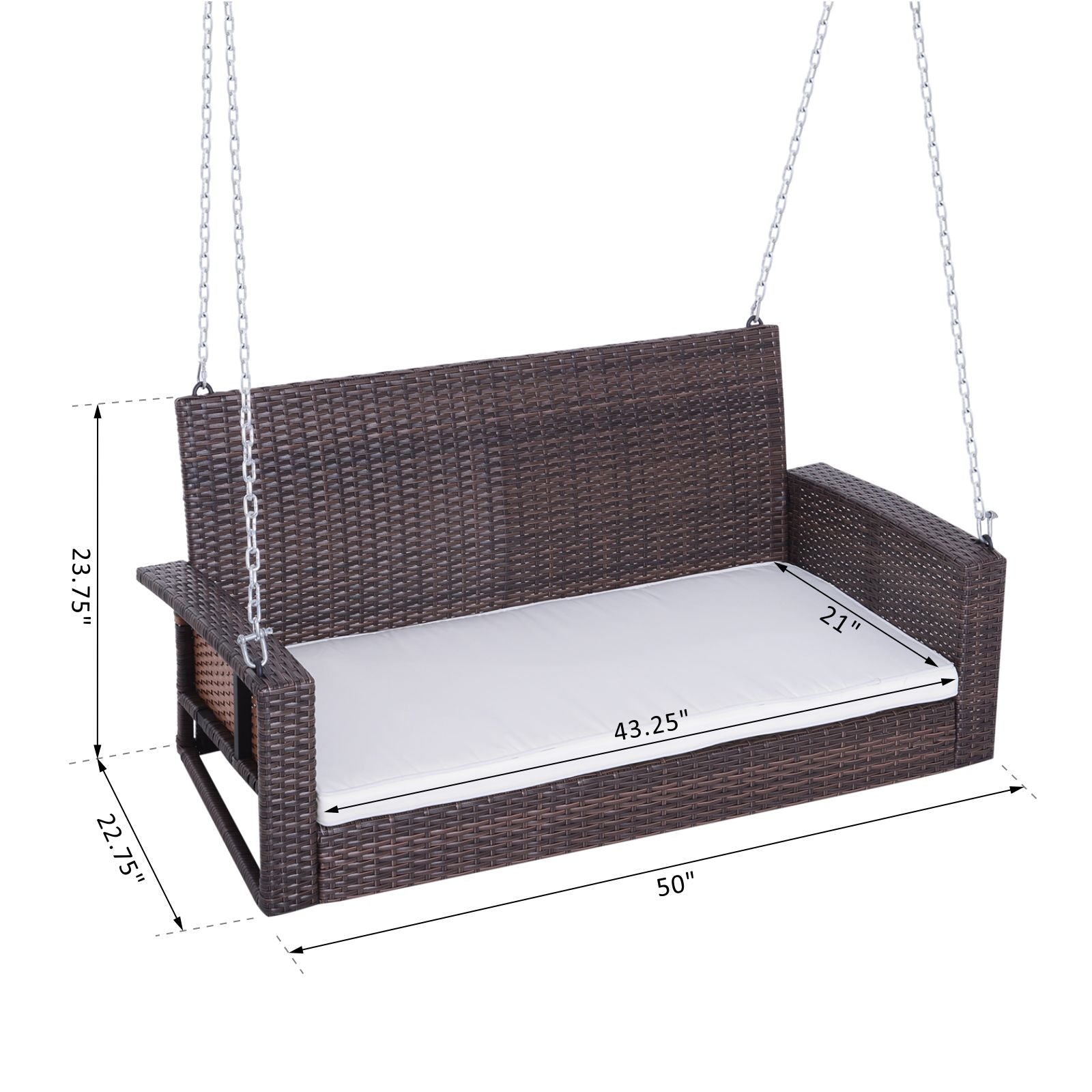 Outsunny Wicker Porch Swing Chair 2-Person Garden Hanging Bench Cushion Outdoor Rattan Double Hammock Sun Lounge White 