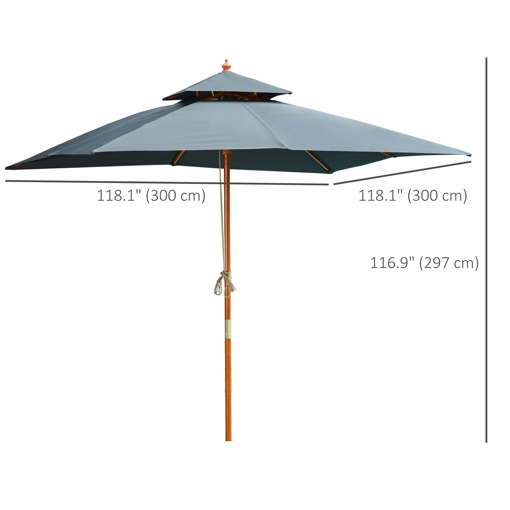 Outsunny 10x10ft Garden Market Parasol Wood Square Patio Umbrella Sunshade Canopy with 2 Pulley Pagoda Style Dark Grey 