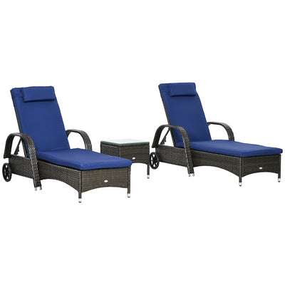 Outsunny Patio Rattan Lounge Set, Wheeled Wicker Chaise Lounge Chair and Table with Tempered Glass Top, Dark Blue 