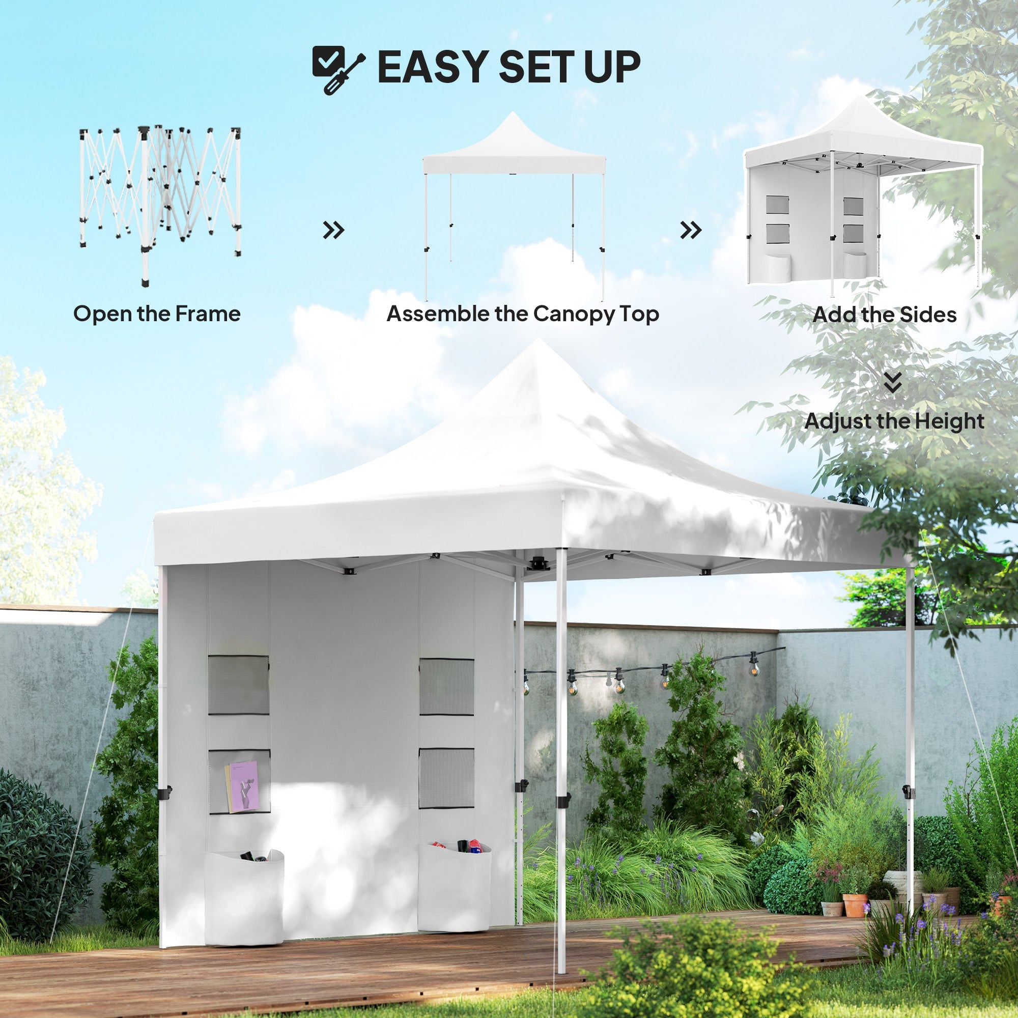 Outsunny 10' x 10' Heavy Duty Pop Up Canopy Tent w/ Sidewall, UPF50+ Instant Sun Shelter w/ Storage Pockets, Wheeled Bag, White 