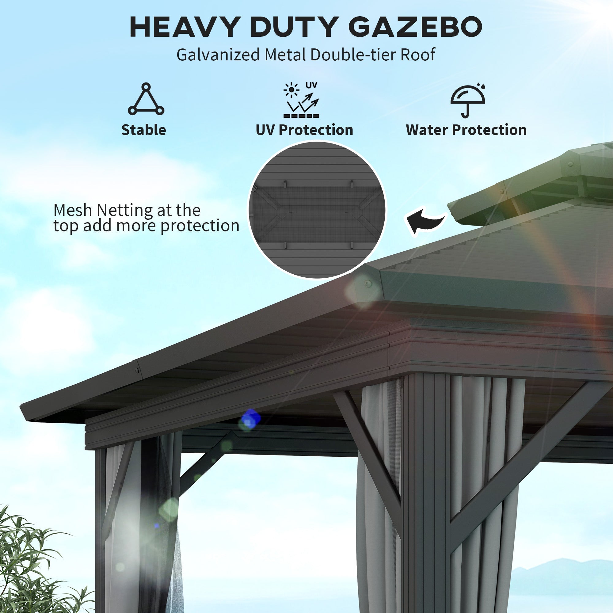 Outsunny 10 x 12ft Canopy Tent, Hardtop Gazebo with 2-Tier Metal Roof & Hanging Hooks for Outdoor Leisure, Light Grey 