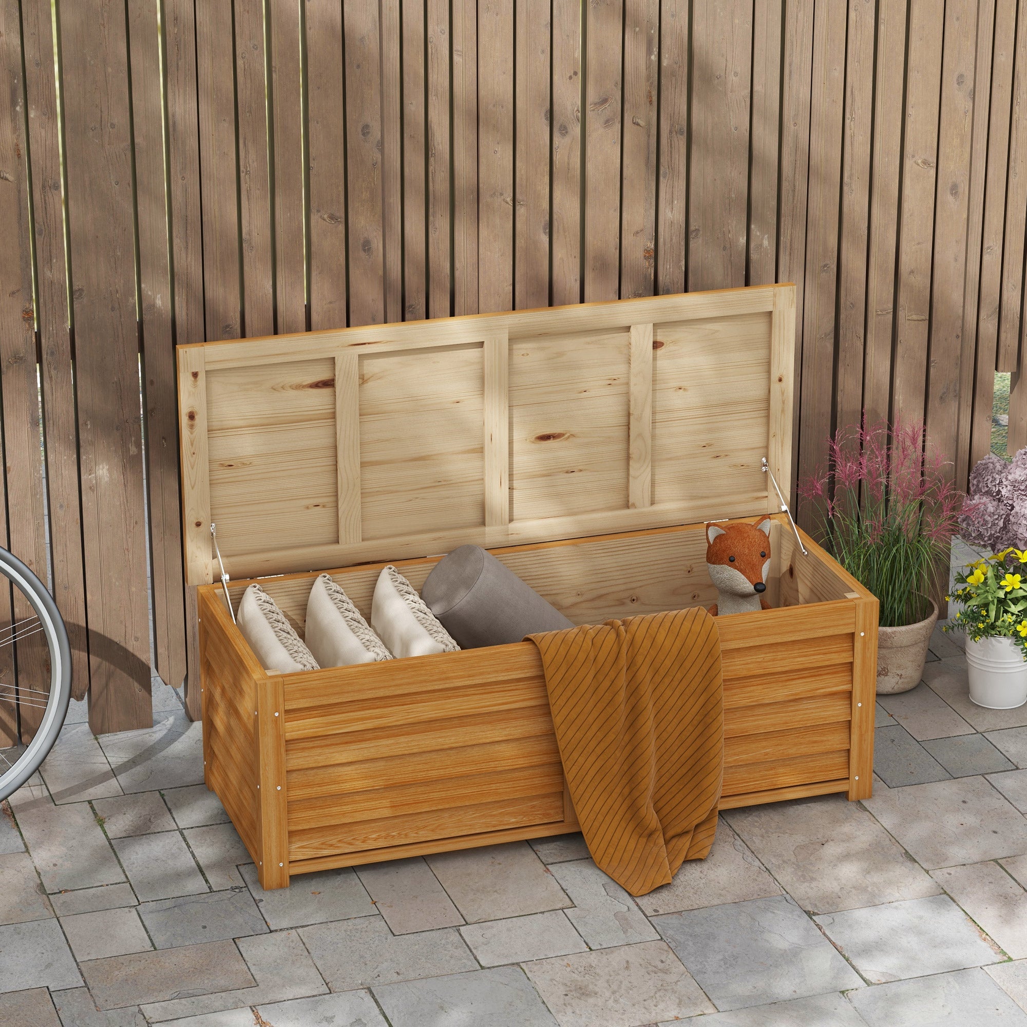 Outsunny 176L Outdoor Storage Box, Wooden Deck Storage Container with 2 Safety Hinges for Balcony, Porch, Poolside, Light Brown 