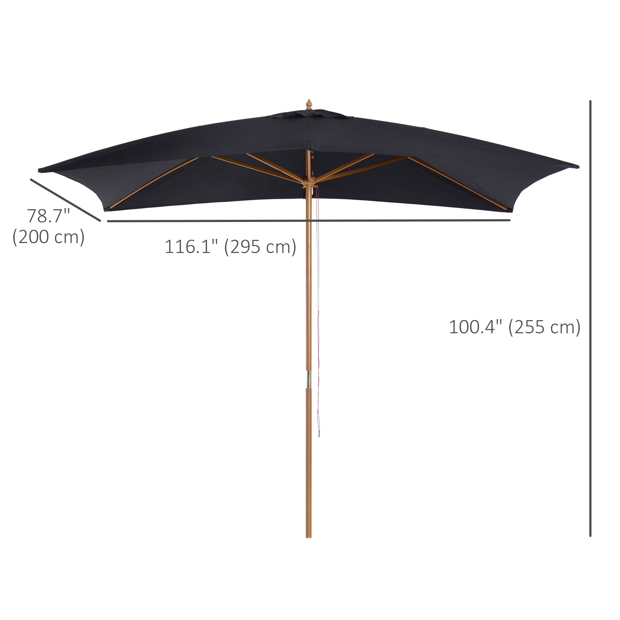 Outsunny 7x10FT Black Wooden Patio Umbrella Rectangle Garden Parasol Outdoor Sunshade Bamboo Ribs 