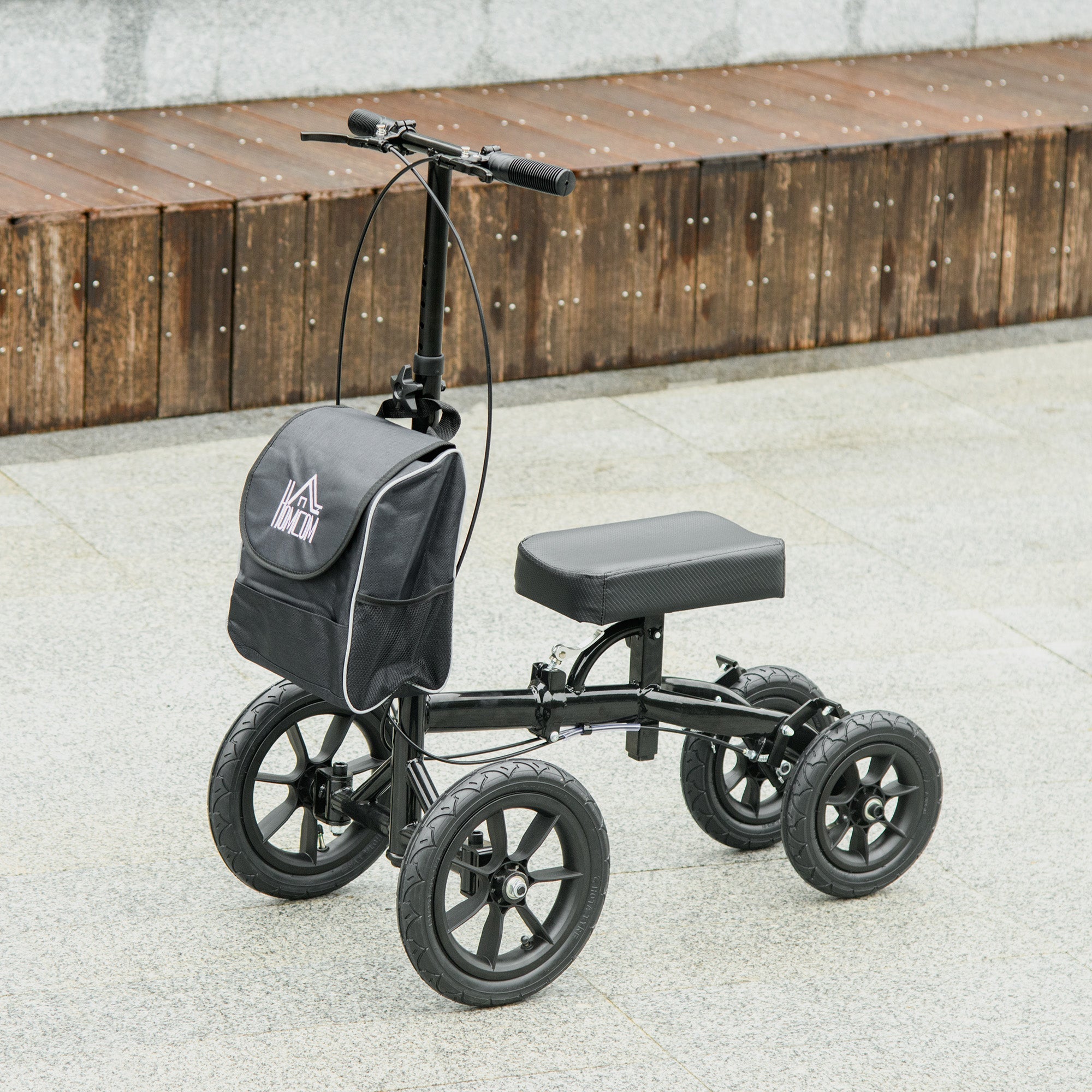 HOMCOM Knee Walker Steerable Scooter Foldable Crutch Alternative Dual Brakes Rubber Wheels Adjustable Height Black 