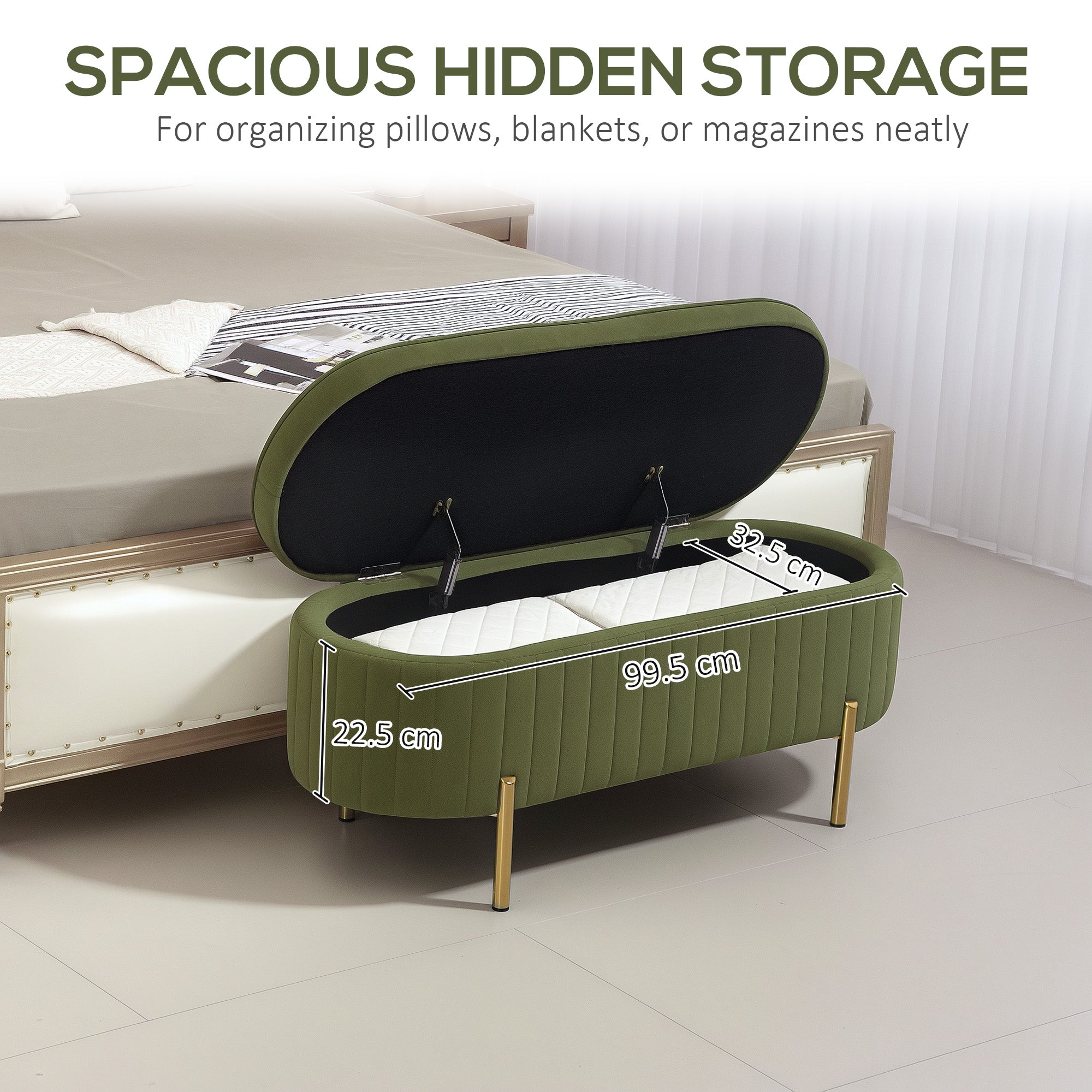 HOMCOM Upholstered Bedroom Bench, Channel Tufted Ottoman Bench with Thick Padding and Metal Legs, Dark Green 