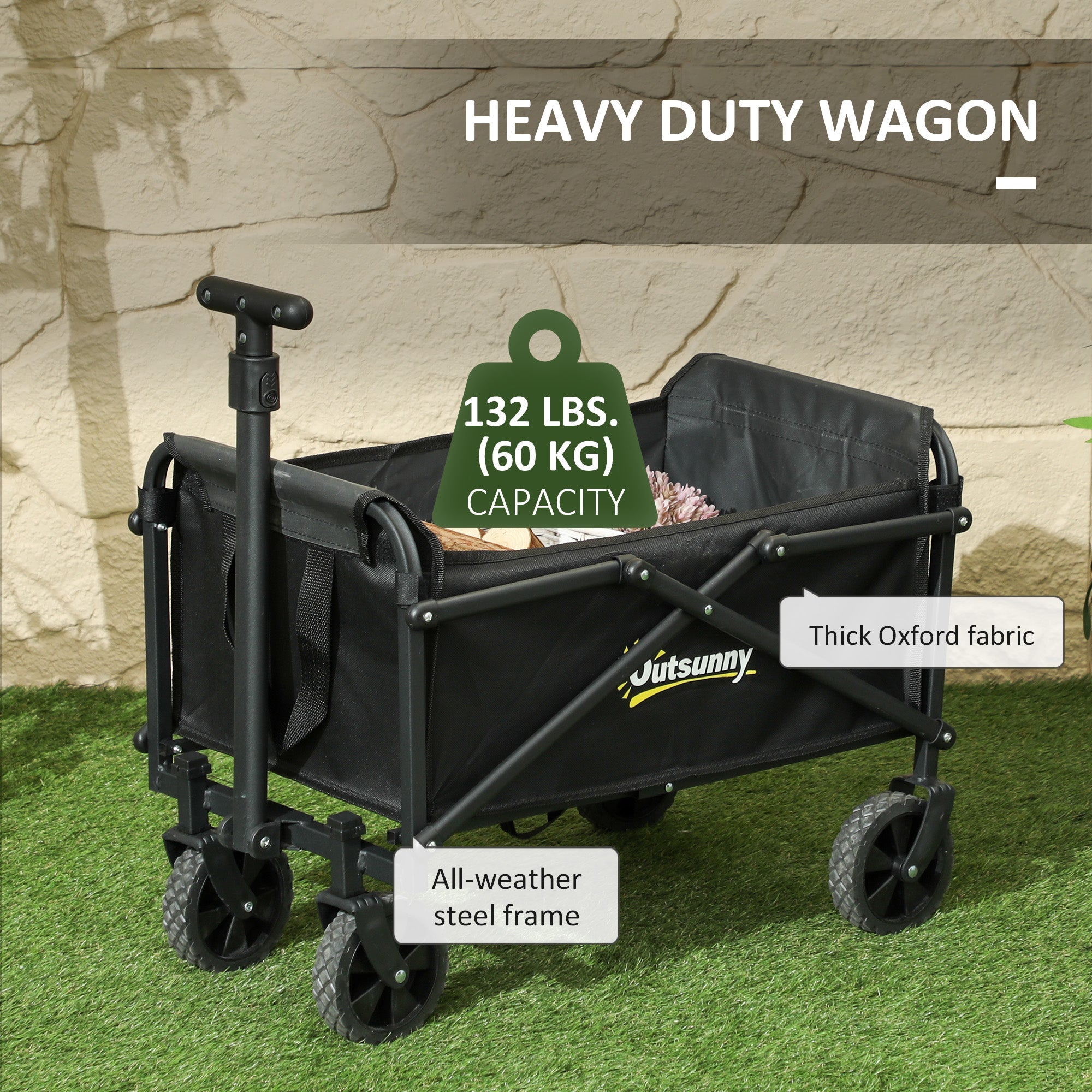 Outsunny Small Collapsible Folding Garden Cart, Heavy Duty Lawn Wagon with Universal Wheels and Adjustable Handle, Black 