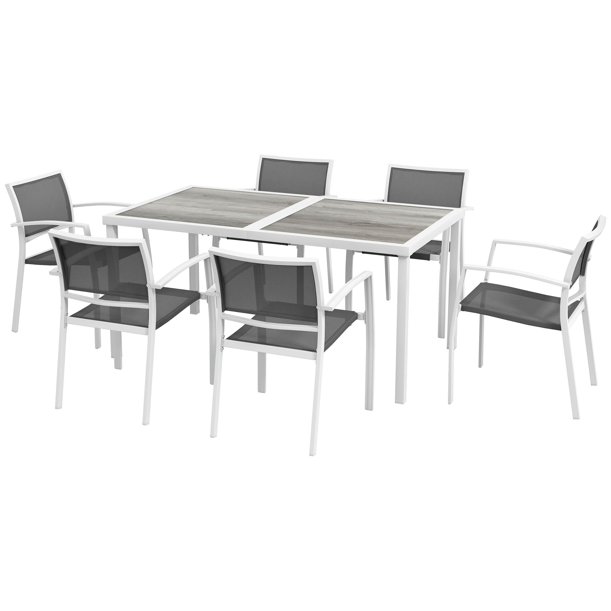 Outsunny 7 Pieces Outdoor Dining Set with 6 Stackable Chairs, Patio Table and Chairs with Plastic Top, Breathable Mesh Seat Back 