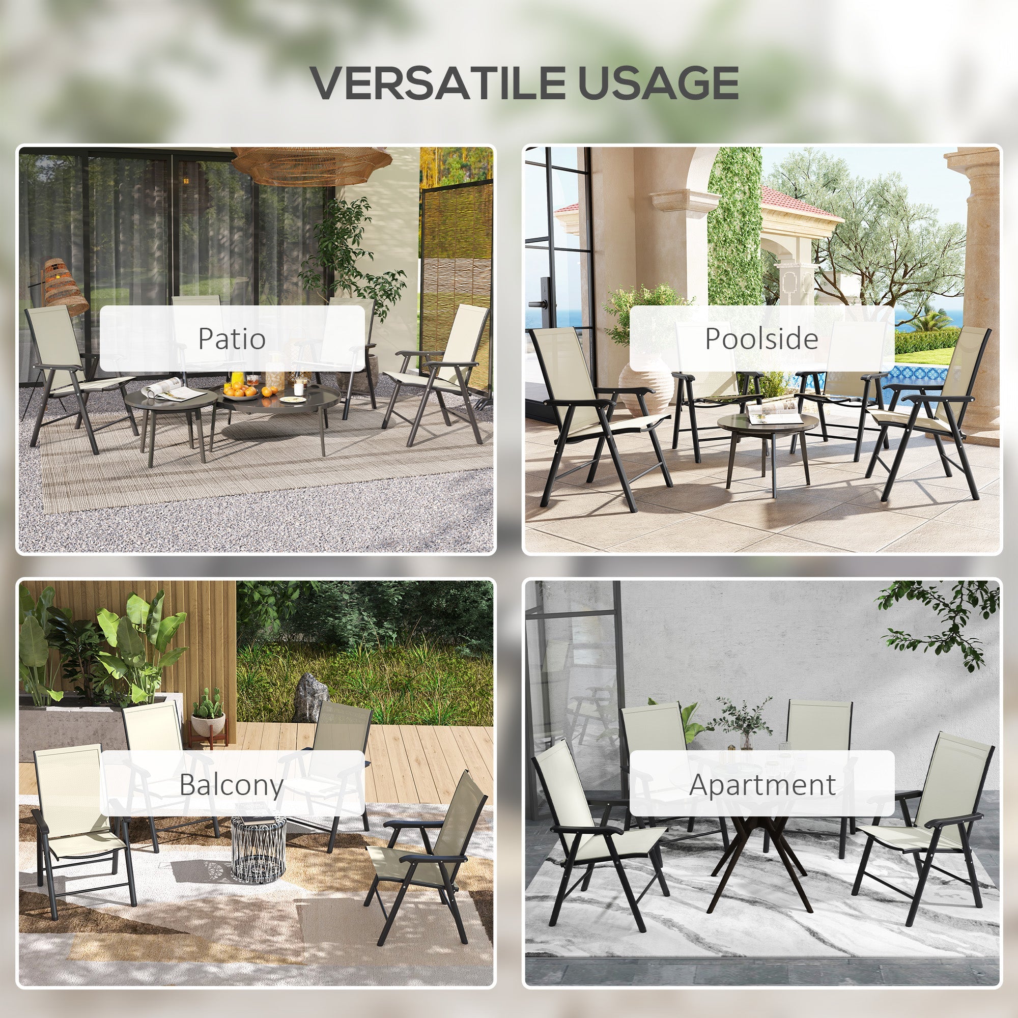 Outsunny 4-Piece Folding Chair Set for Relaxing on Patio Balcony Garden, Comfortable Outdoor Furniture with Armrests, Beige 