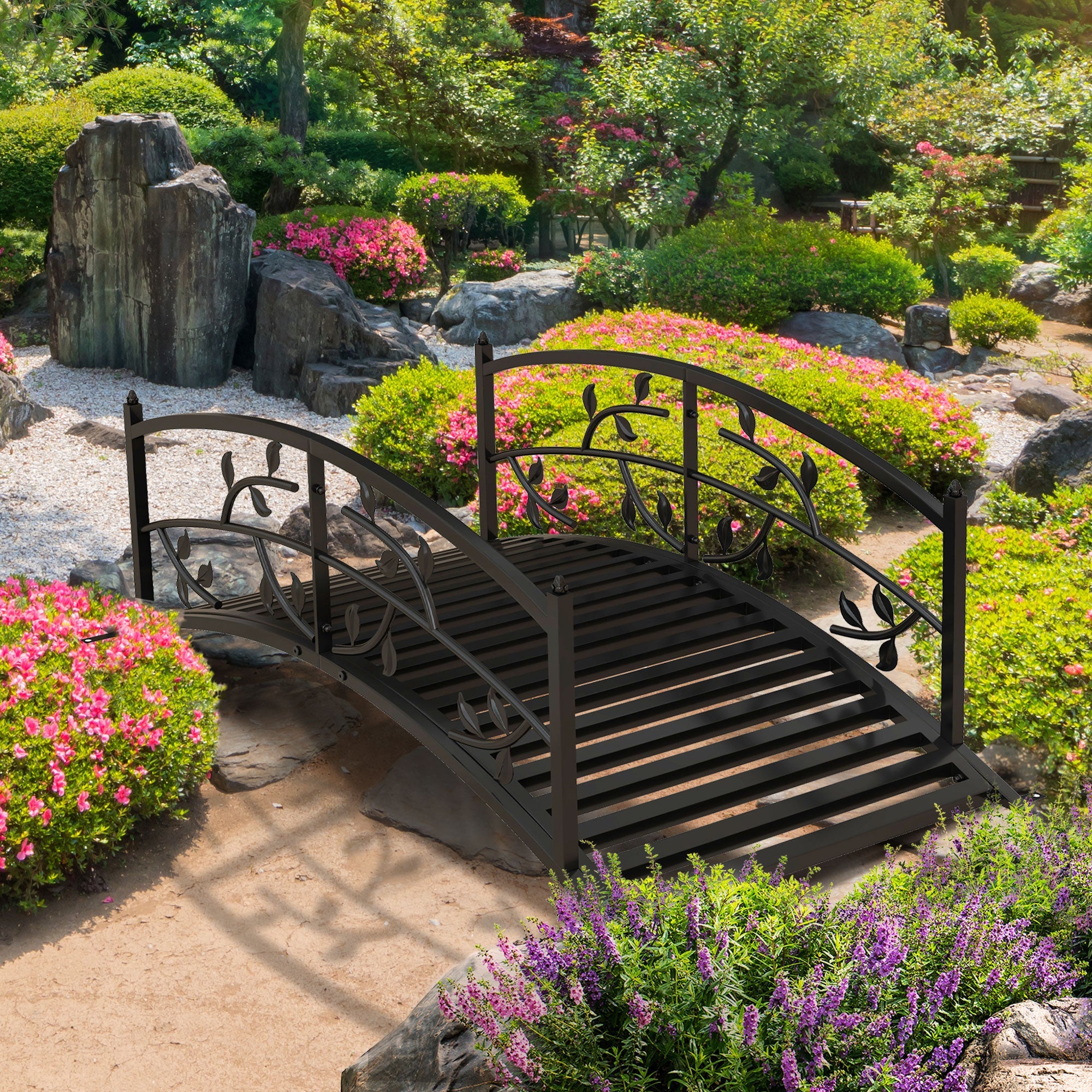 Outsunny 4' Metal Arch Garden Bridge Arc Footbridge with Guardrails and Decorative Vine Pattern, Black 