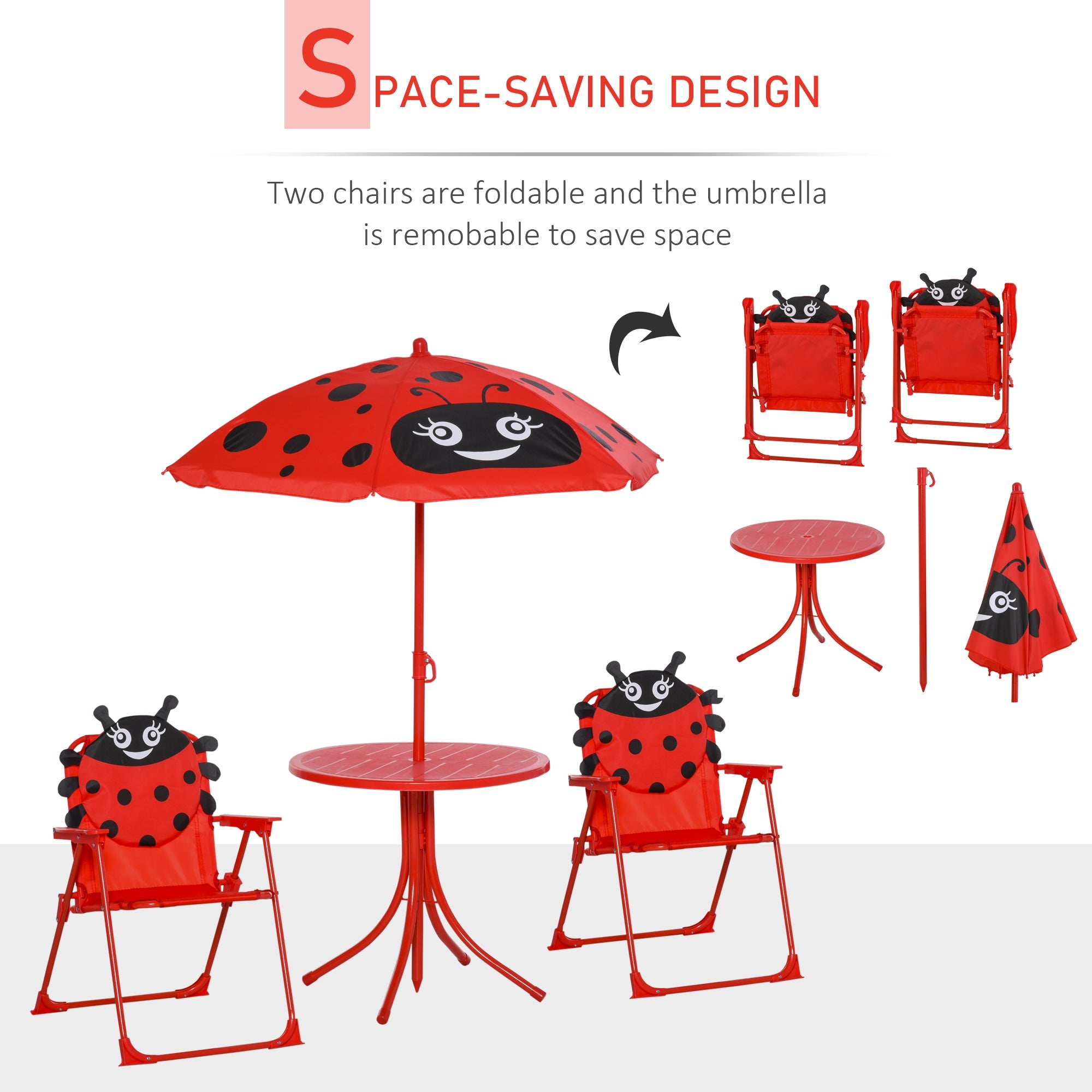Outsunny Kids Picnic Table and Kids Picnic Chair Set Ladybug Pattern Outdoor Garden Patio Backyard with Removable Sun Umbrella Red 