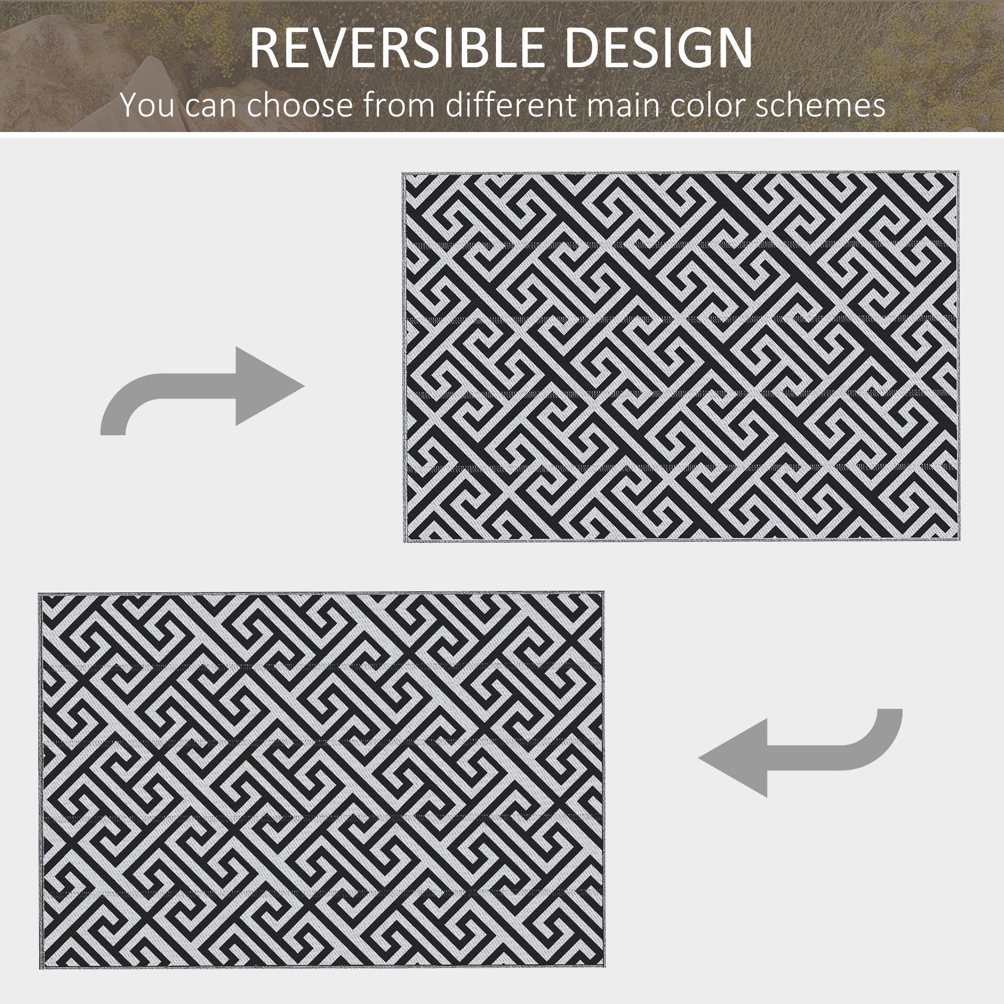 Outsunny 6' x 9' Reversible RV Outdoor Rug Black White Plastic Straw Mat for Beach Deck Backyard Camping 