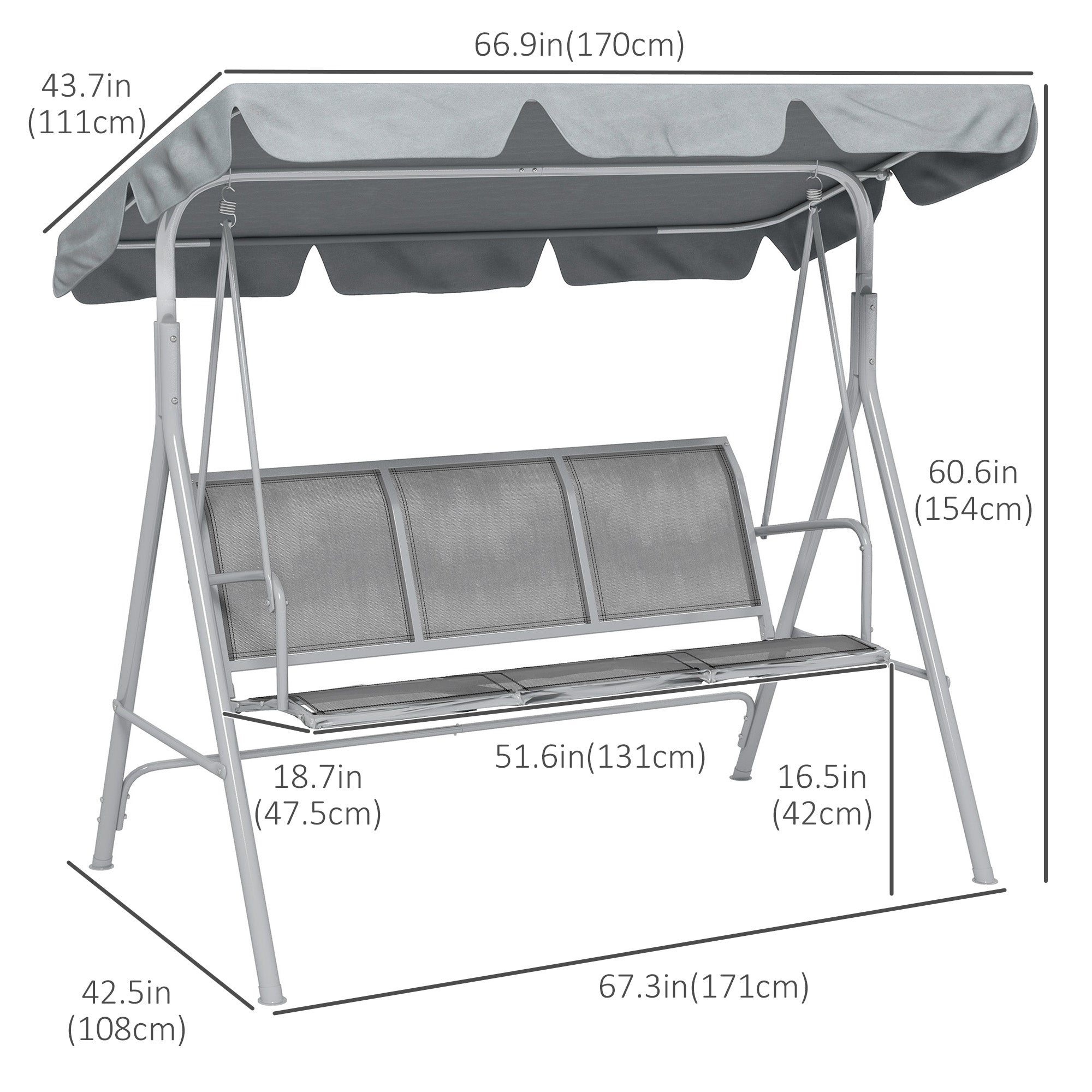 Outsunny Light Grey 3-Seater Patio Swing Chair: Outdoor Garden Hammock Glider with A-Frame, Canopy, Porch Swing Comfort 