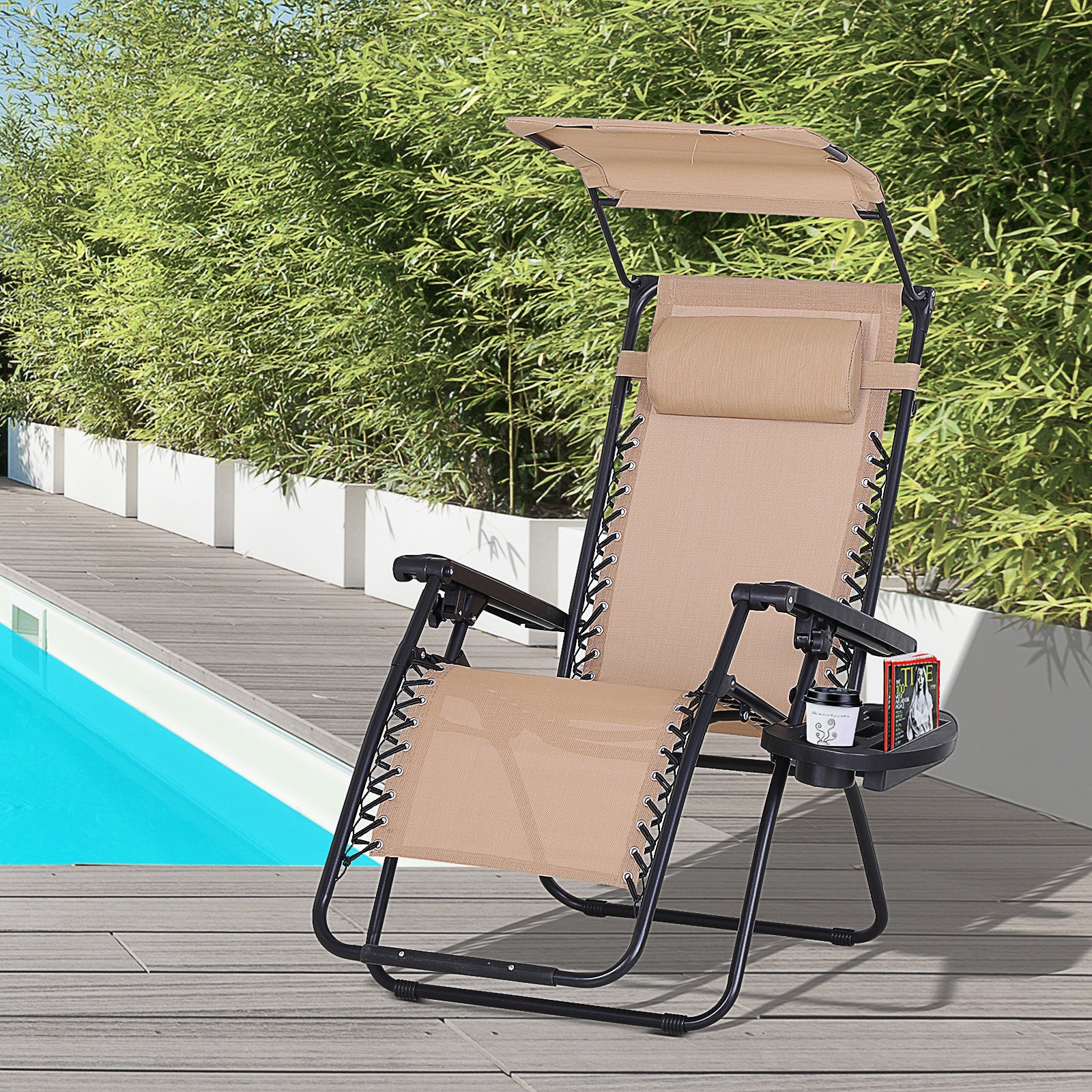 Outsunny Zero Gravity Outdoor Recliner Chair with Canopy Shade Cupholder Side Tray Beige 