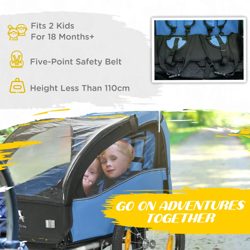 Aosom 2 Seat Bike Trailer for Kids, Baby Stroller with Storage Bag, 5 Point Harness, Bicycle Trailer with 20" Wheels, Blue