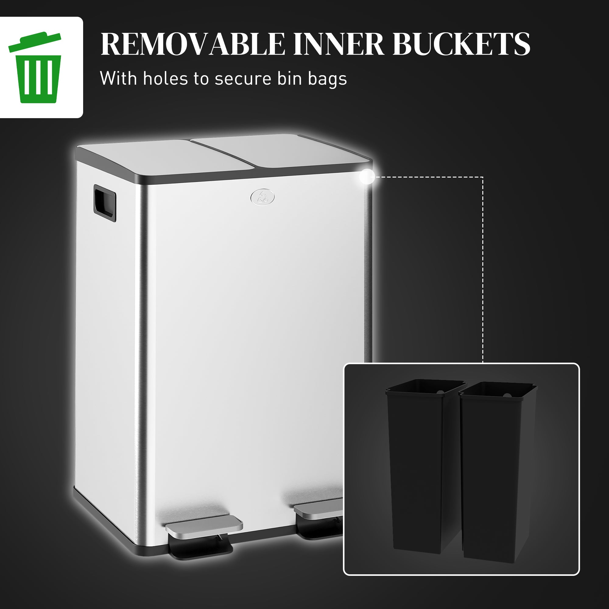 HOMCOM Dual Garbage Bin, Soft-Close Trash Can with Foot Pedal, 2 x 28 Liter Garbage Can with Removable Inner Buckets, Silver 