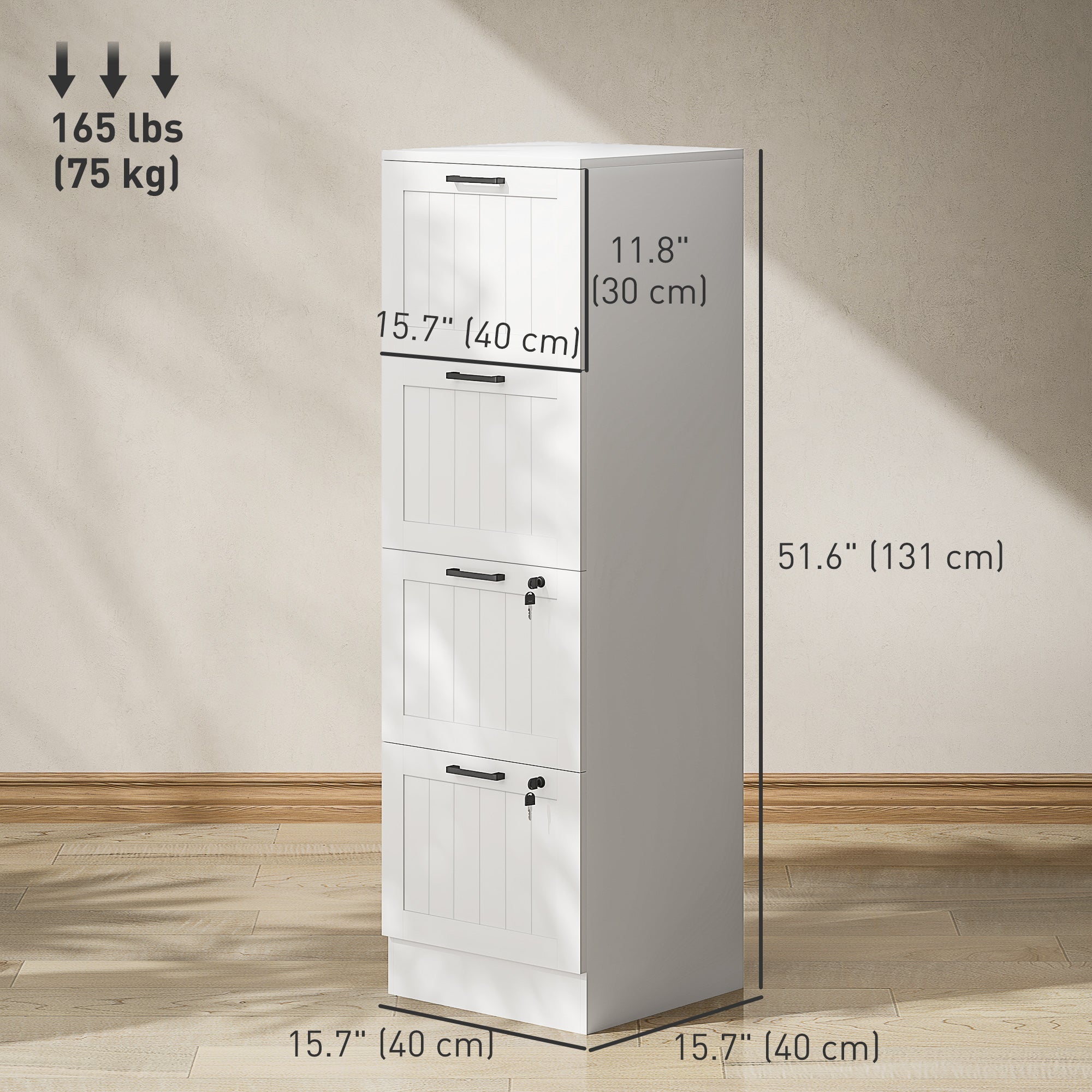 HOMCOM 4 Drawer Filing Cabinet with Lock, Office Storage Cabinet with Adjustable Hanging Bars for A4 Letter Size Files, White 