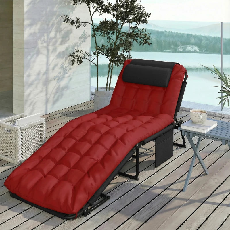 Folding Lounge Chair with 4-level Reclining Back & Cushion, Wine Red