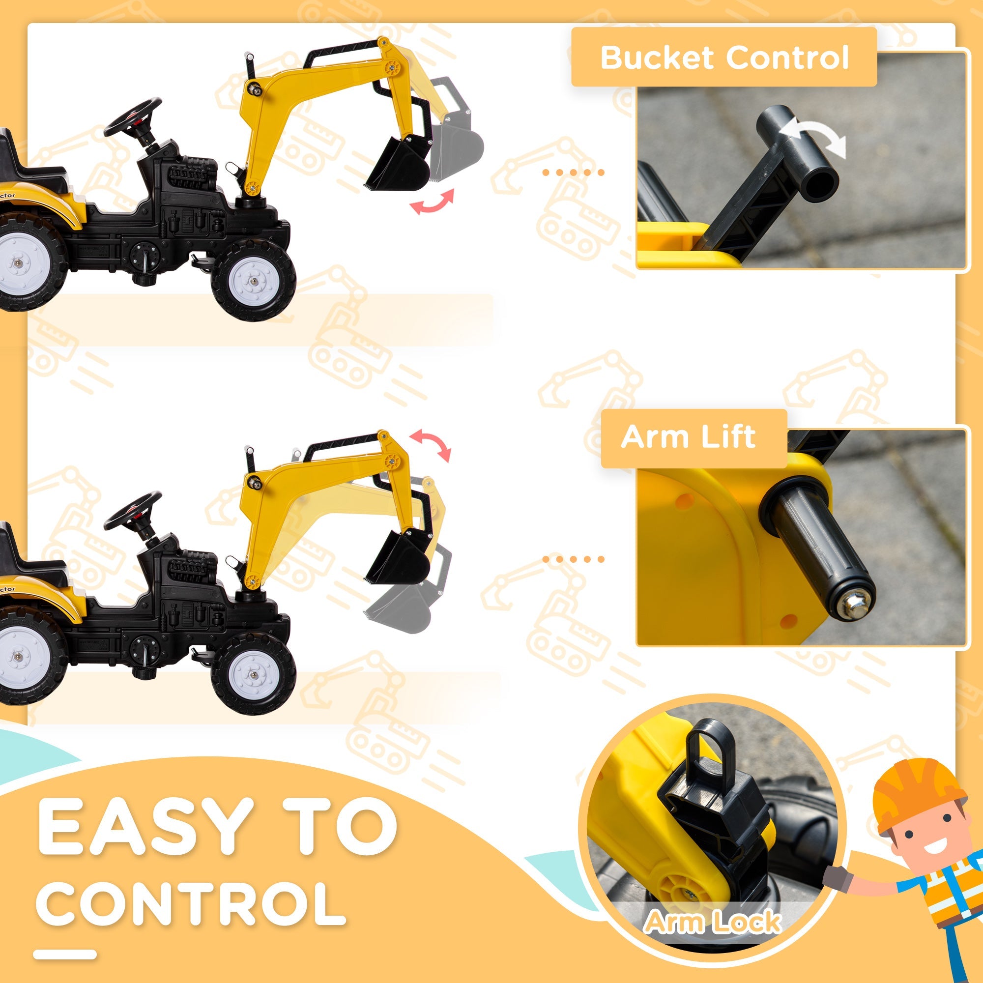 Aosom Yellow Ride-On Pedal Digger Construction Car with Horn Detachable Trailer Kids Toy Vehicle 