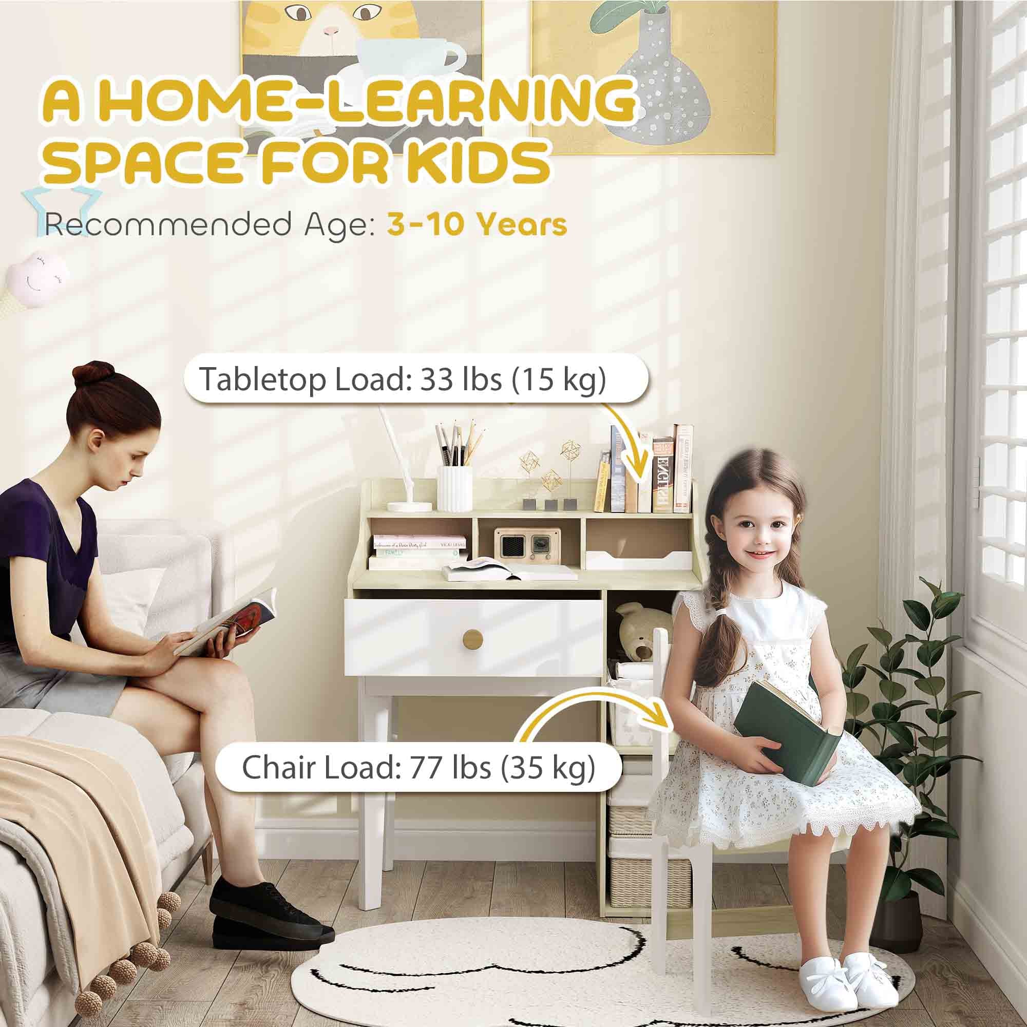 Qaba Kids Desk and Chair Set with Storage Shelves, Drawer, for 3-10 Years, White 