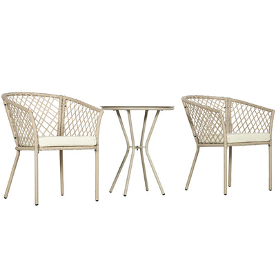 Outsunny 3 Pieces Patio Furniture Outdoor PE Rattan Bistro Set w/ Seat Cushions, Glass Table for Garden, Backyard, Beige 