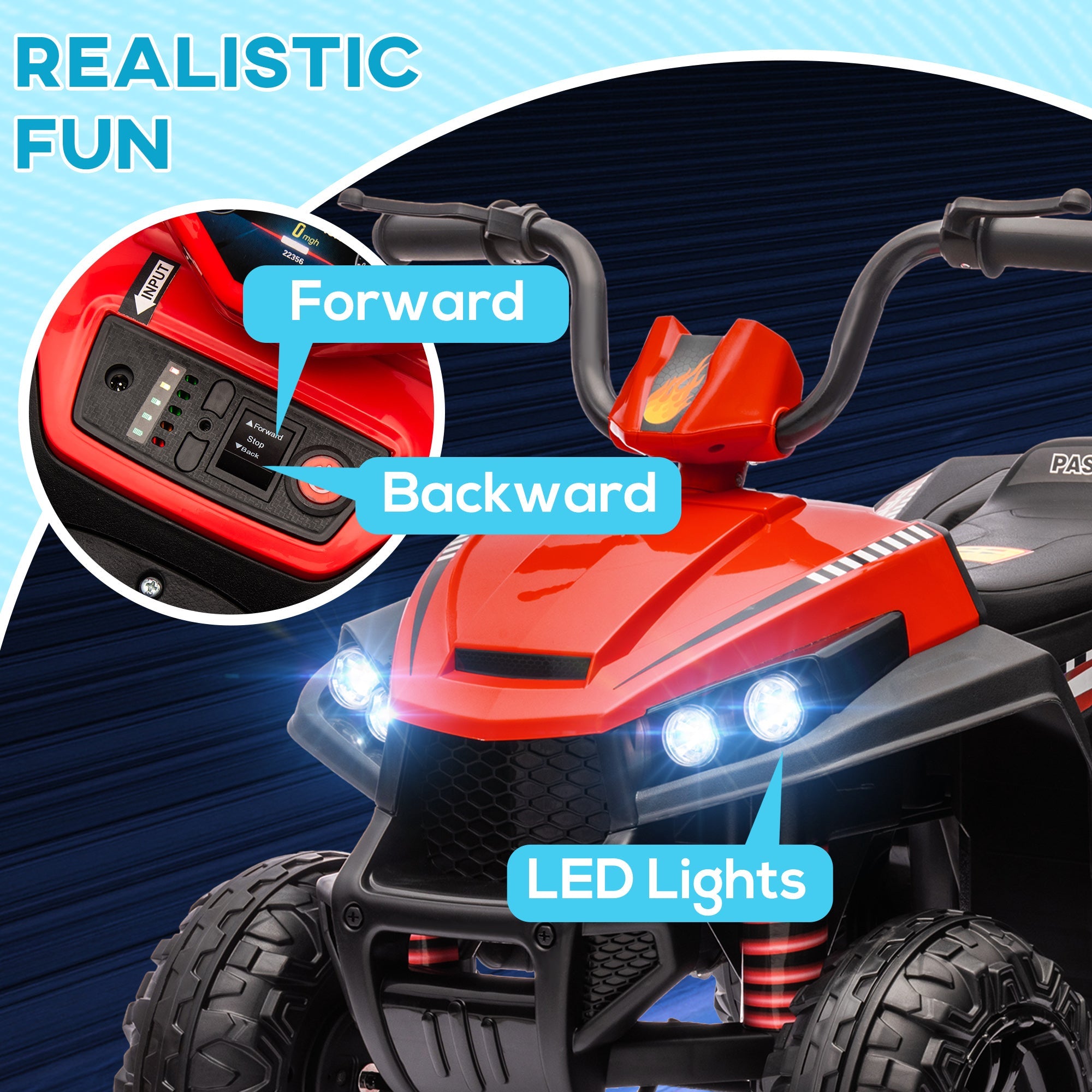 Qaba 12V Kids ATV with Four Wheels Spring Suspension, Forward & Backward, LED Light, MP3, Music, Red 