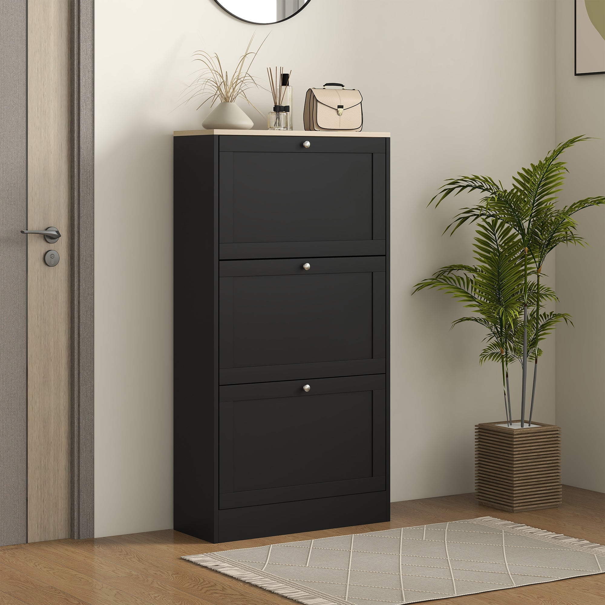 HOMCOM Modern Shoe Storage Cabinet with 3 Flip Drawers Adjustable Shelves for 18 Pairs Black 