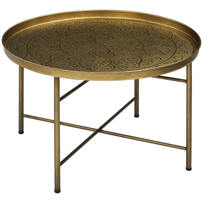 Vintage Coffee Table for Living Room, 24" Round Center Table with Hammered Tray Top and Metal Frame, Gold