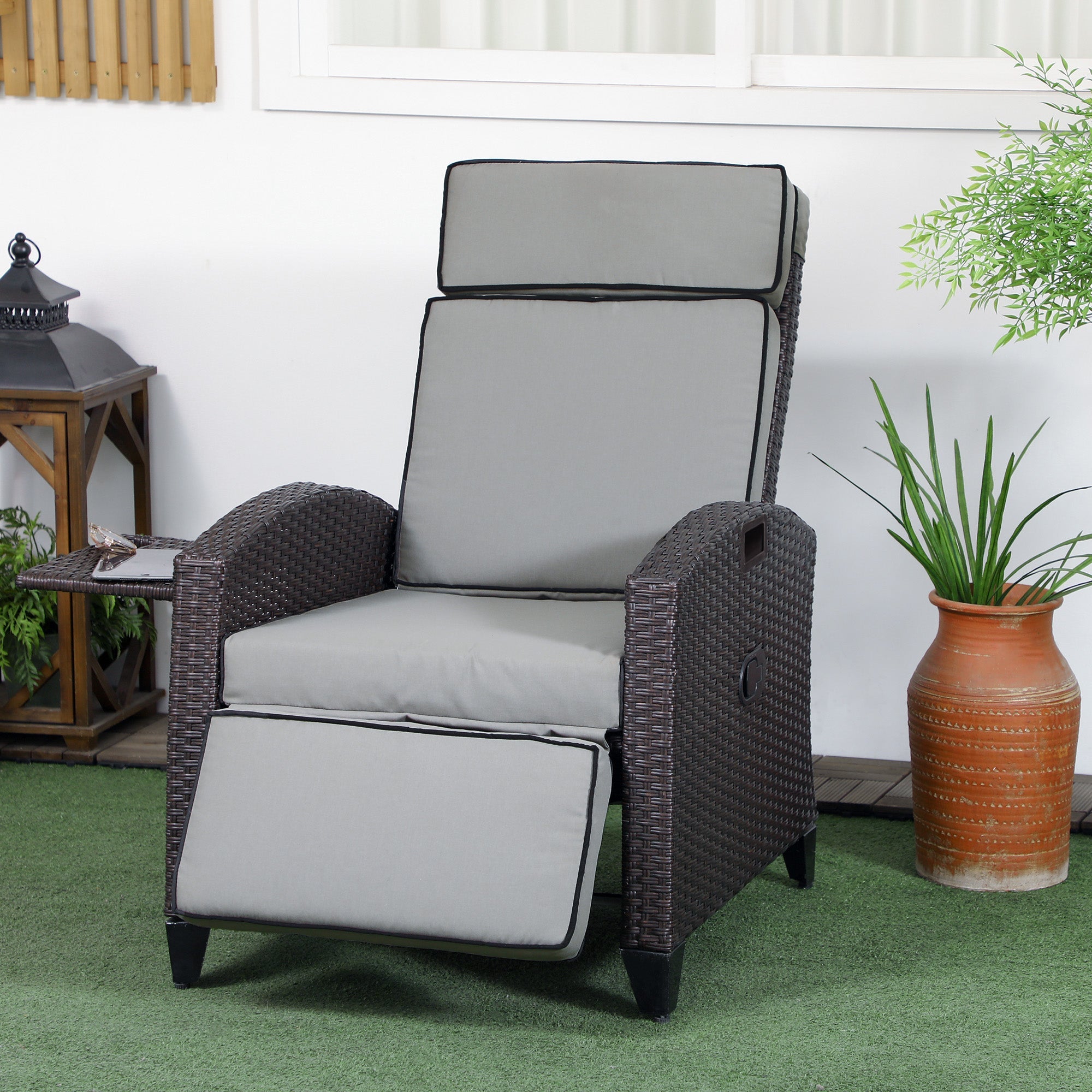 Outsunny Recliner Outdoor Chair Adjustable Backrest Side Tray Light Grey Patio Lounger Furniture 