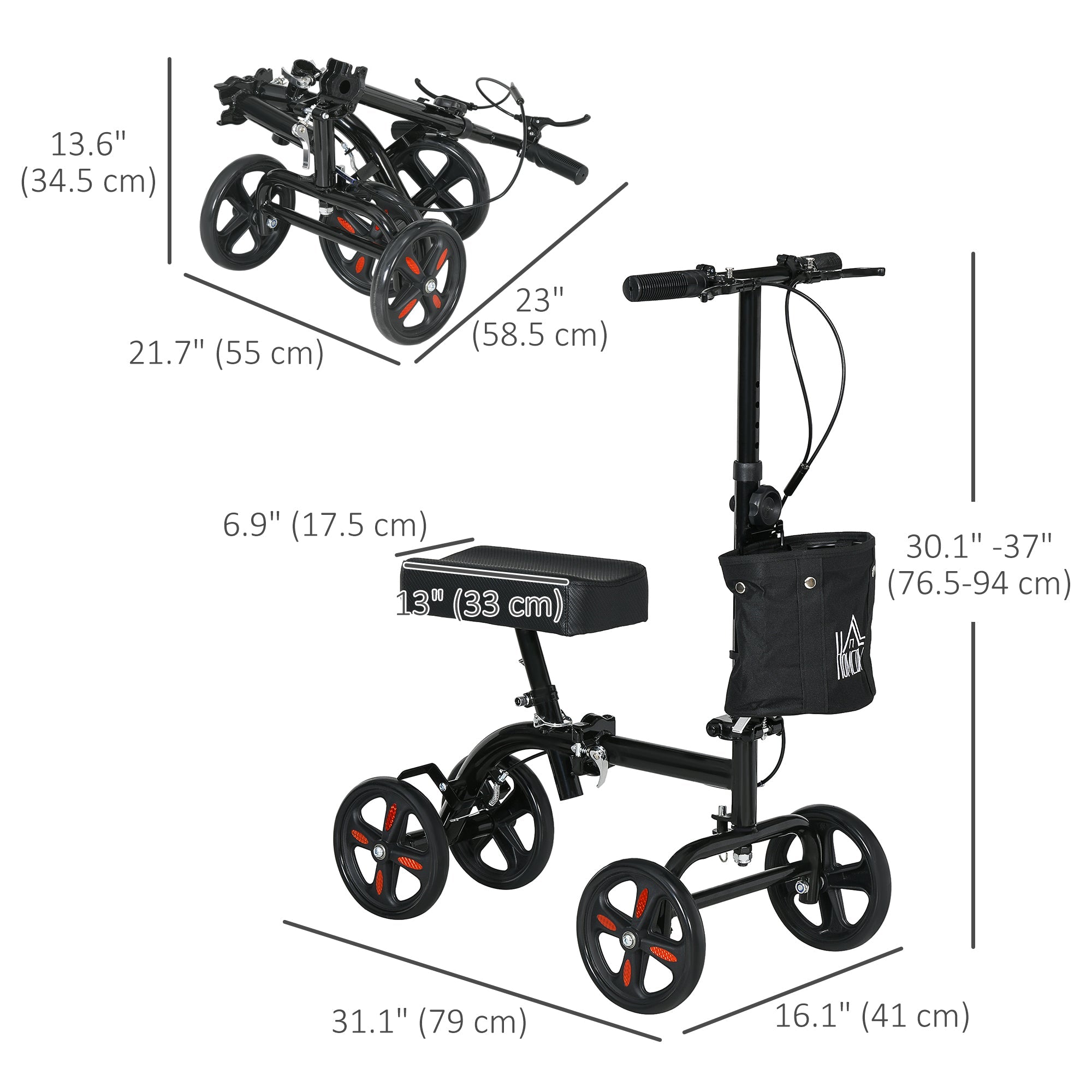 HOMCOM Steerable Knee Walker, Foldable Knee Scooter with Dual Braking System, Adjustable Height, Crutch Alternative, Black 