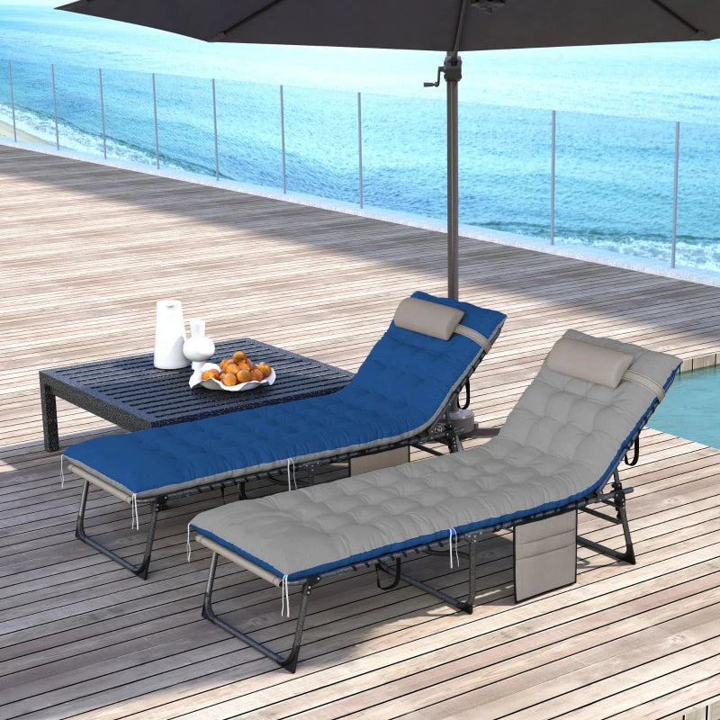 Outdoor Lounge Chair Set of 2, Folding Chaise Lounge Tanning Chair with Cushion, Side Pocket, Brown/Blue