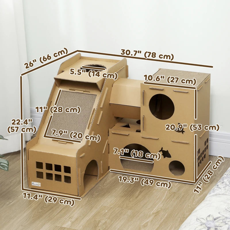 Multi-Level Cardboard Cat House, Corrugated Cardboard Play Condo with Scratching Pads for Indoor Kittens
