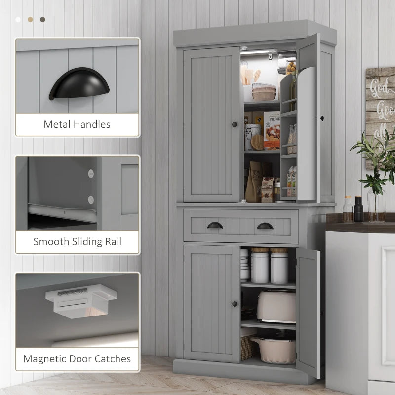 71" Kitchen Pantry Cabinet with LED Lights, 6 Spice Racks, a Drawer and 4 Adjustable Shelves, Grey