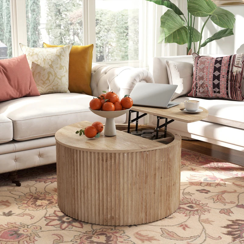 32" Round Lift-Top Coffee Table with Hidden Storage & Fluted Design – Natural Wood