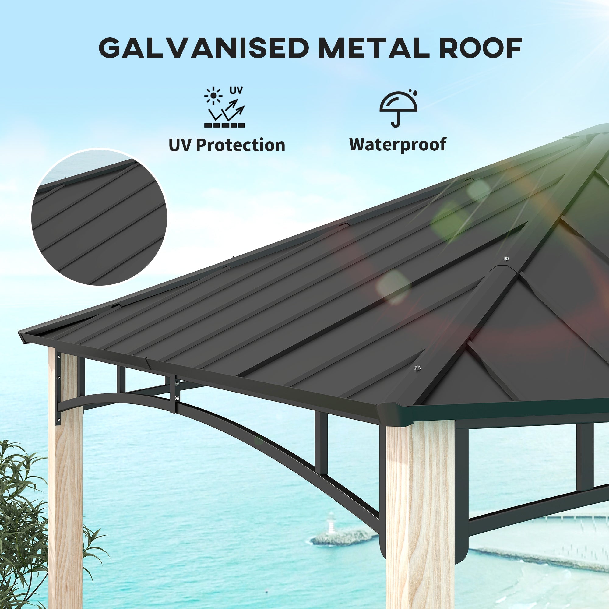 Outsunny 10' x 12' Hardtop Gazebo with Metal Roof, Wood Grain Frame Outdoor Gazebo Canopy for Patio, Garden, Backyard, Lawn 