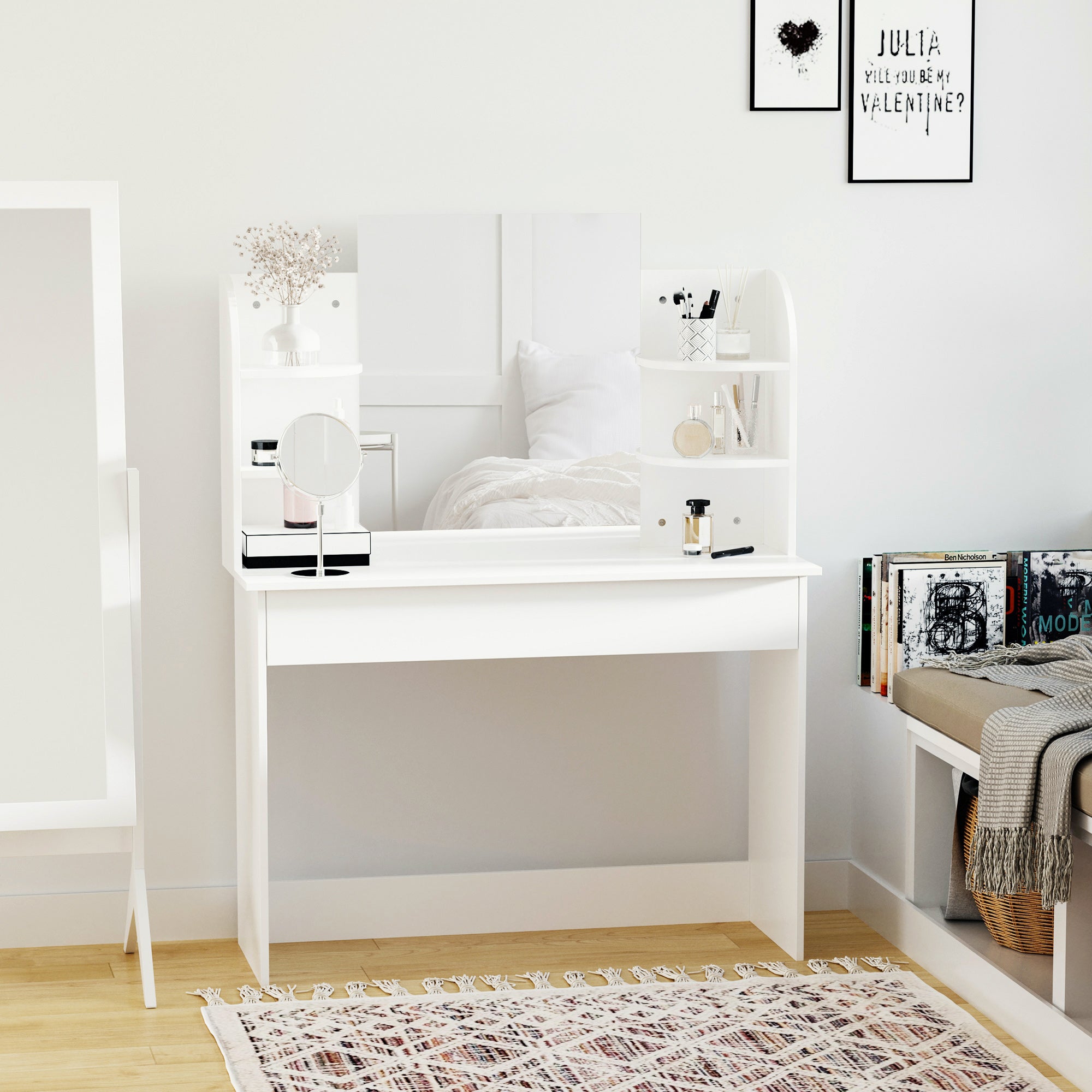 HOMCOM Dressing Table Vanity Set with Makeup Mirror Large Drawers Open Shelf for Bedroom White 