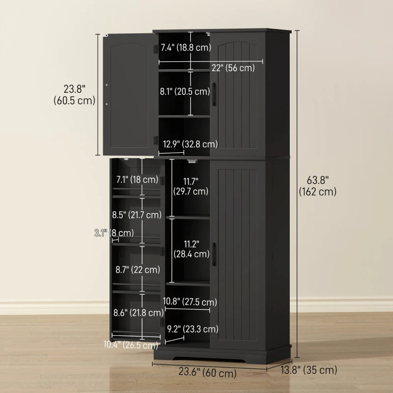 Tall Pantry Cabinet, 64" Storage Cabinet with Adjustable Shelves and 8 Door Spice Racks for Kitchen, Dining Room, Black