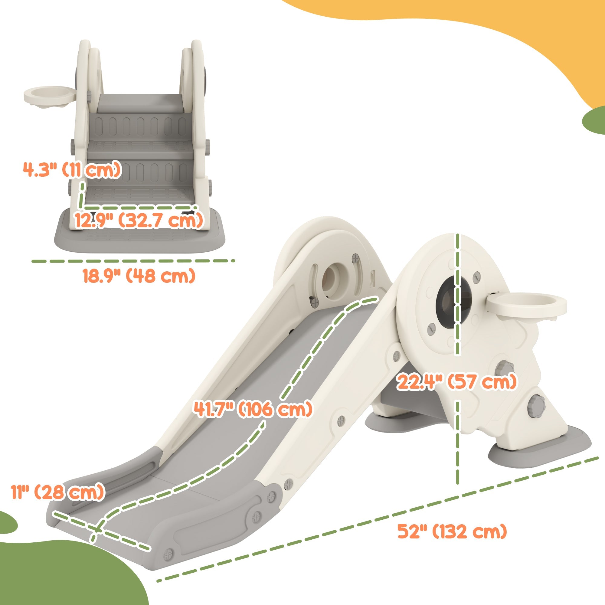 Qaba 3 in 1 Toddler Slide, Foldable Kids Slide with Basketball Hoop, Climber, Anti-Slide Step for Ages 2-5, Cream White 