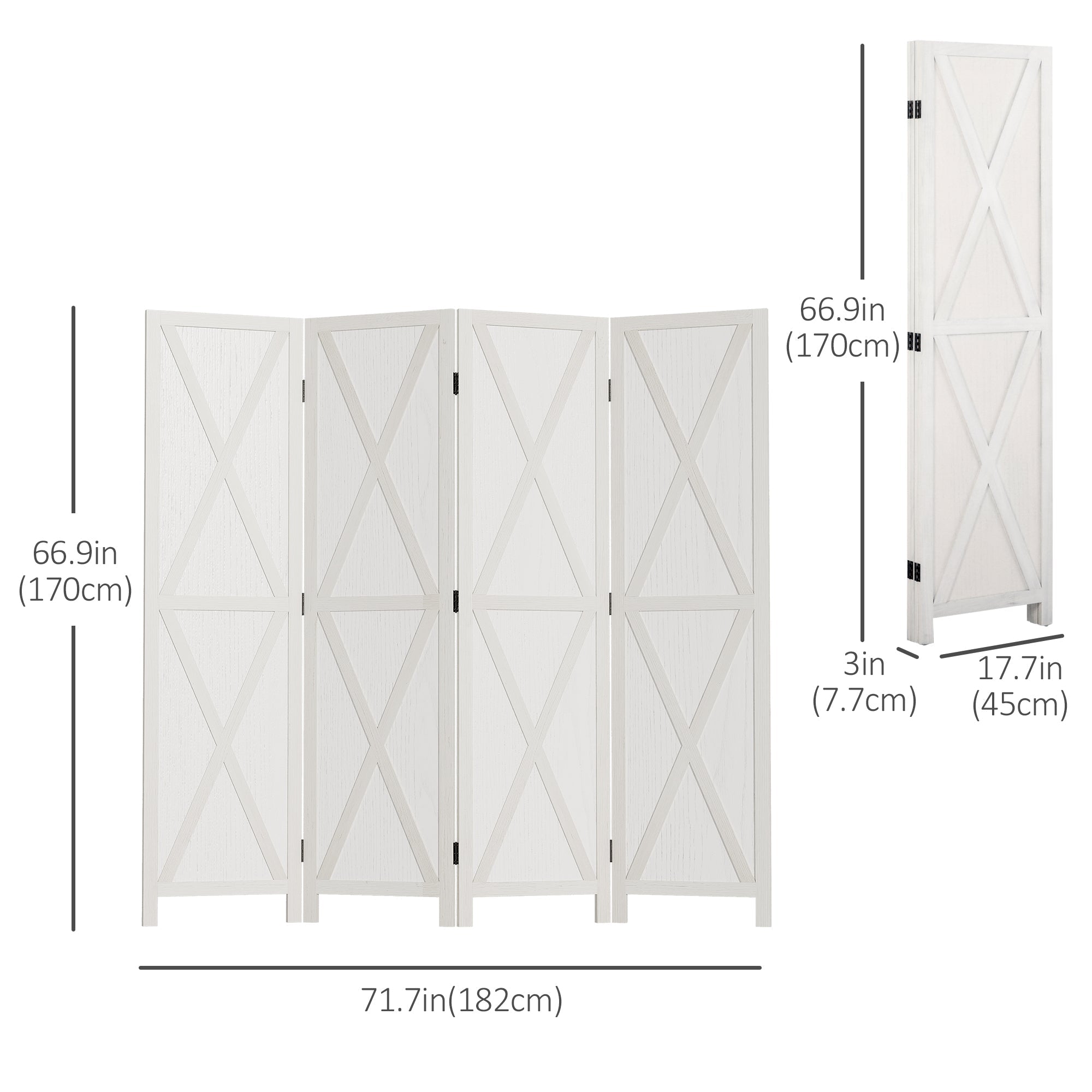 HOMCOM 4-Panel Wall Partition Farmhouse Room Divider: Foldable Design Wooden Frame 5.6FT, White 