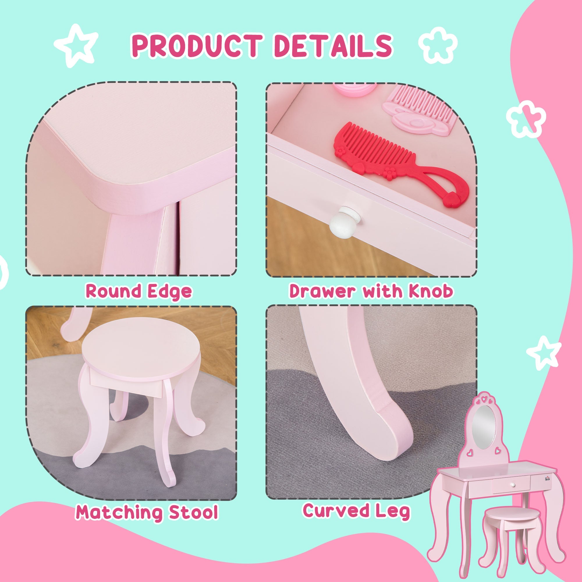 Qaba Kids Vanity Table Set with Mirror and Stool, Drawer, for 3-6 Years, Pink 