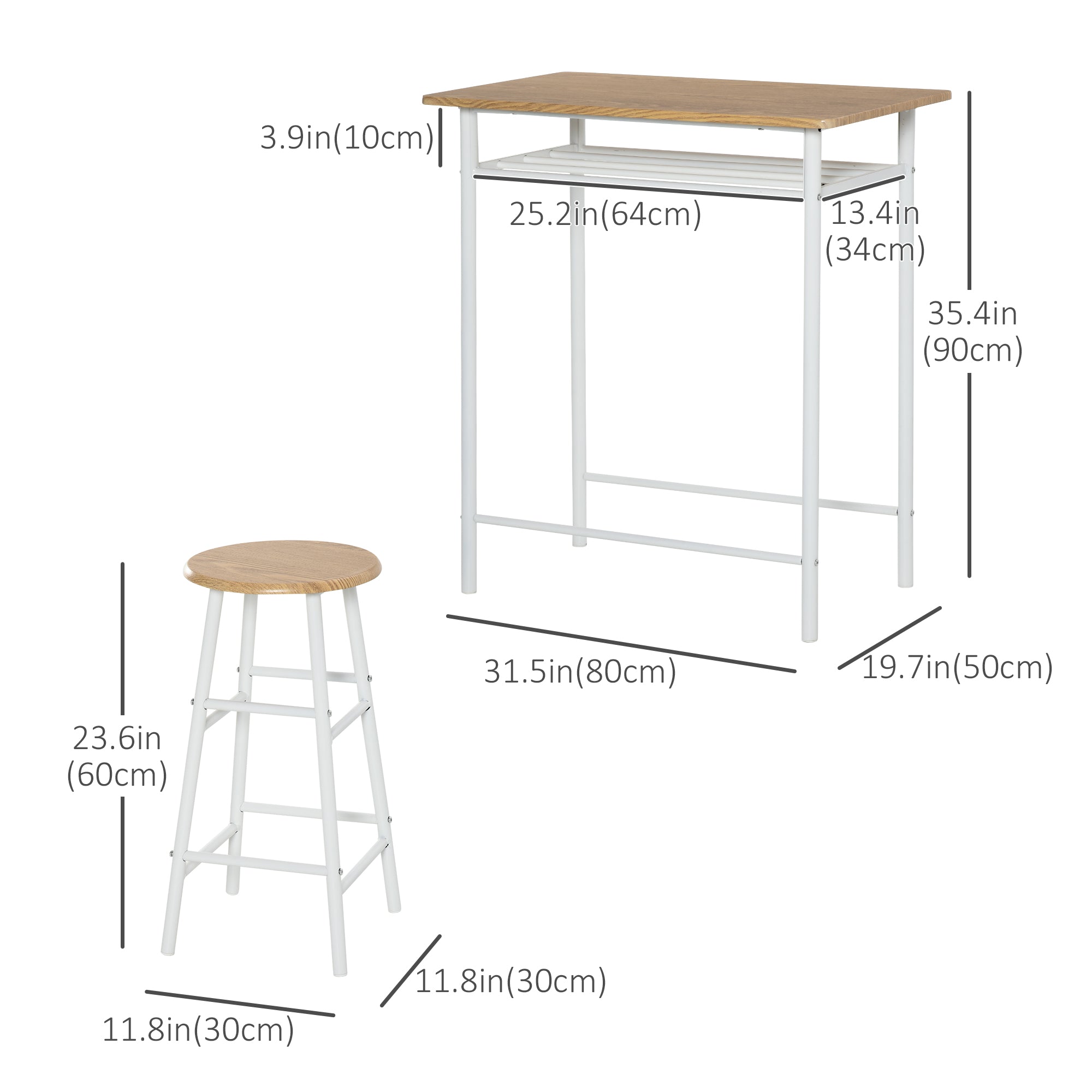 HOMCOM Counter Height Dining Set 3 Piece White Oak with Storage Shelf Metal Frame Footrest 1 Table 2 Stools for Kitchen 