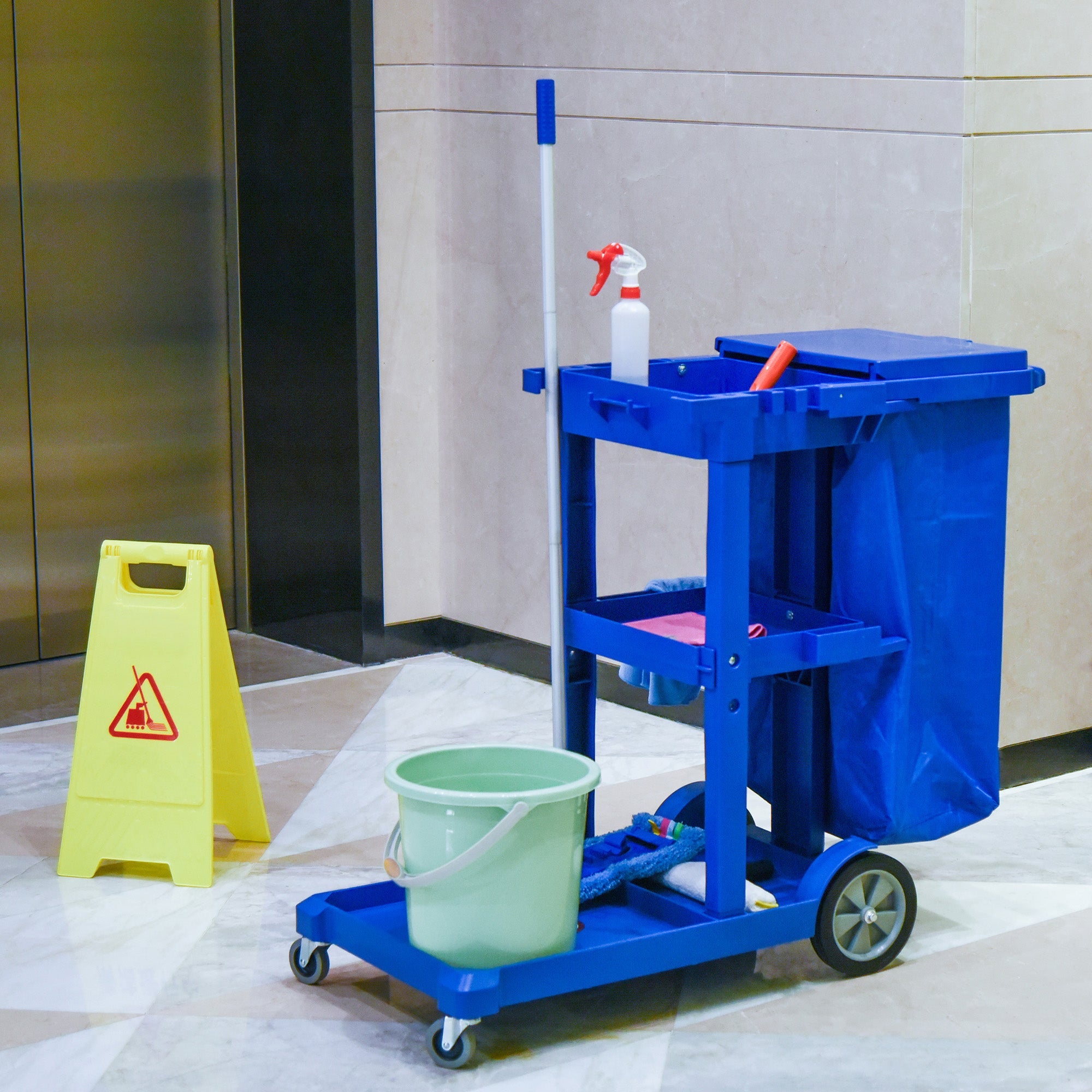 HOMCOM Janitorial Cart Commercial 3 Tier Shelves Cleaning Trolley with Bag Mop Mount for Hotel Restaurant 