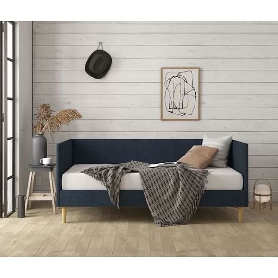 Twin Mid-Century Modern Dark Blue Linen Upholstered Daybed - Free Shipping